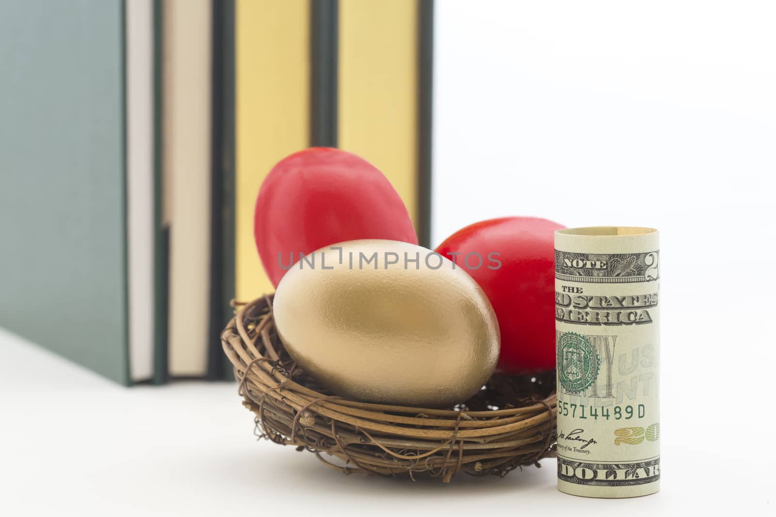 Three nest eggs, two red and one gold, with single American dollar.  Books behind with copy space on right of horizontal photograph.  