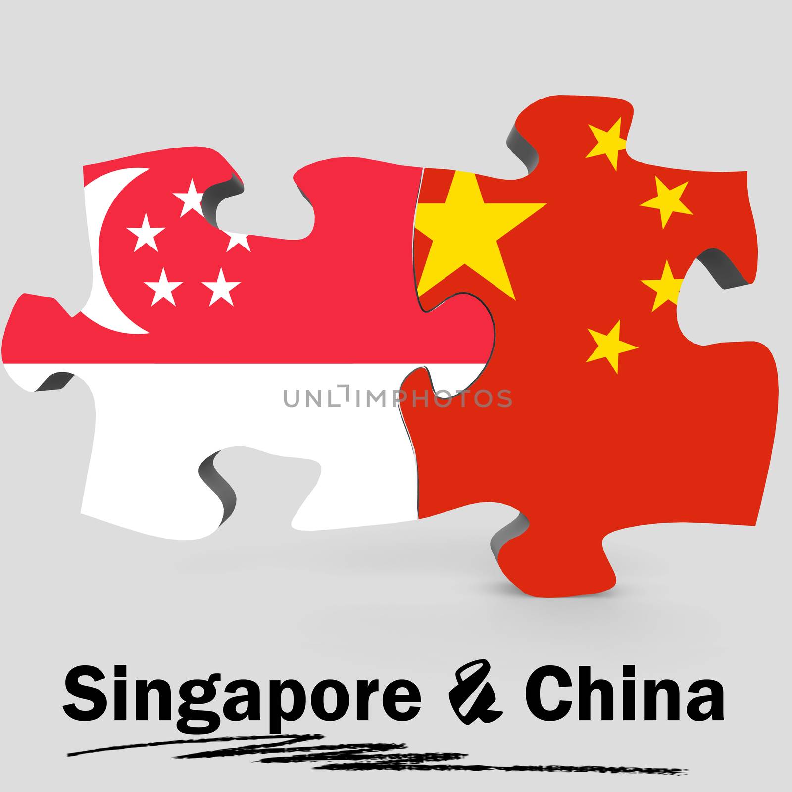 China and Singapore Flags in puzzle isolated on white background, 3D rendering