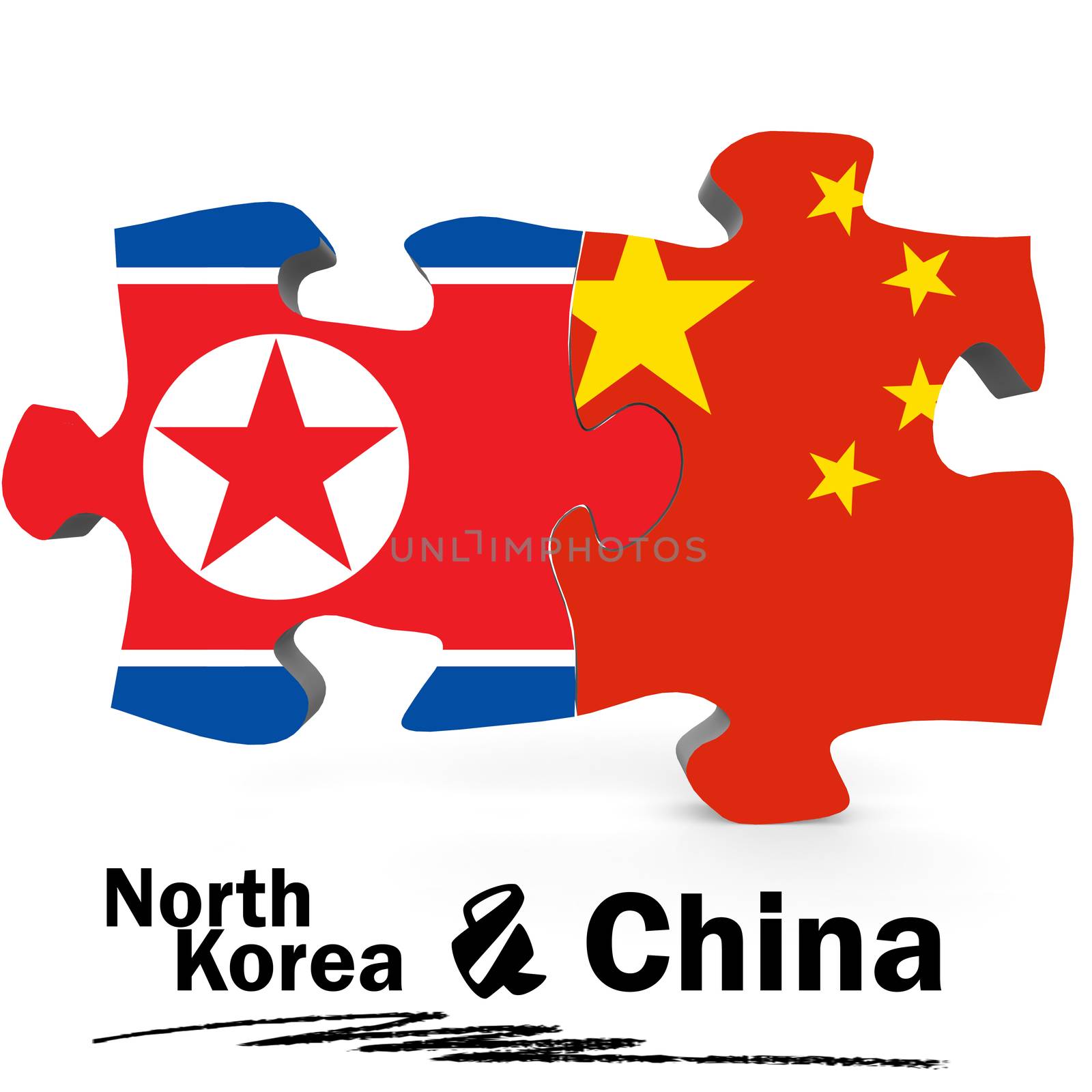 China and North Korea Flags in puzzle isolated on white background, 3D rendering