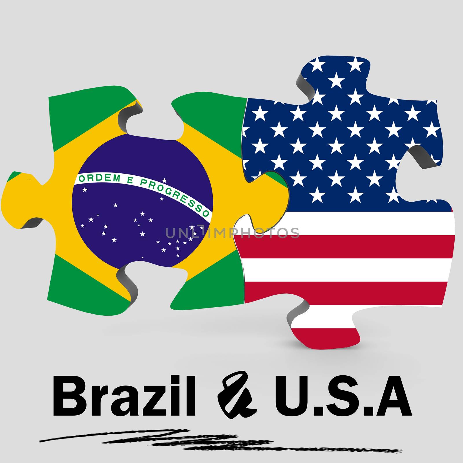 USA and Brazil Flags in puzzle isolated on white background, 3D rendering