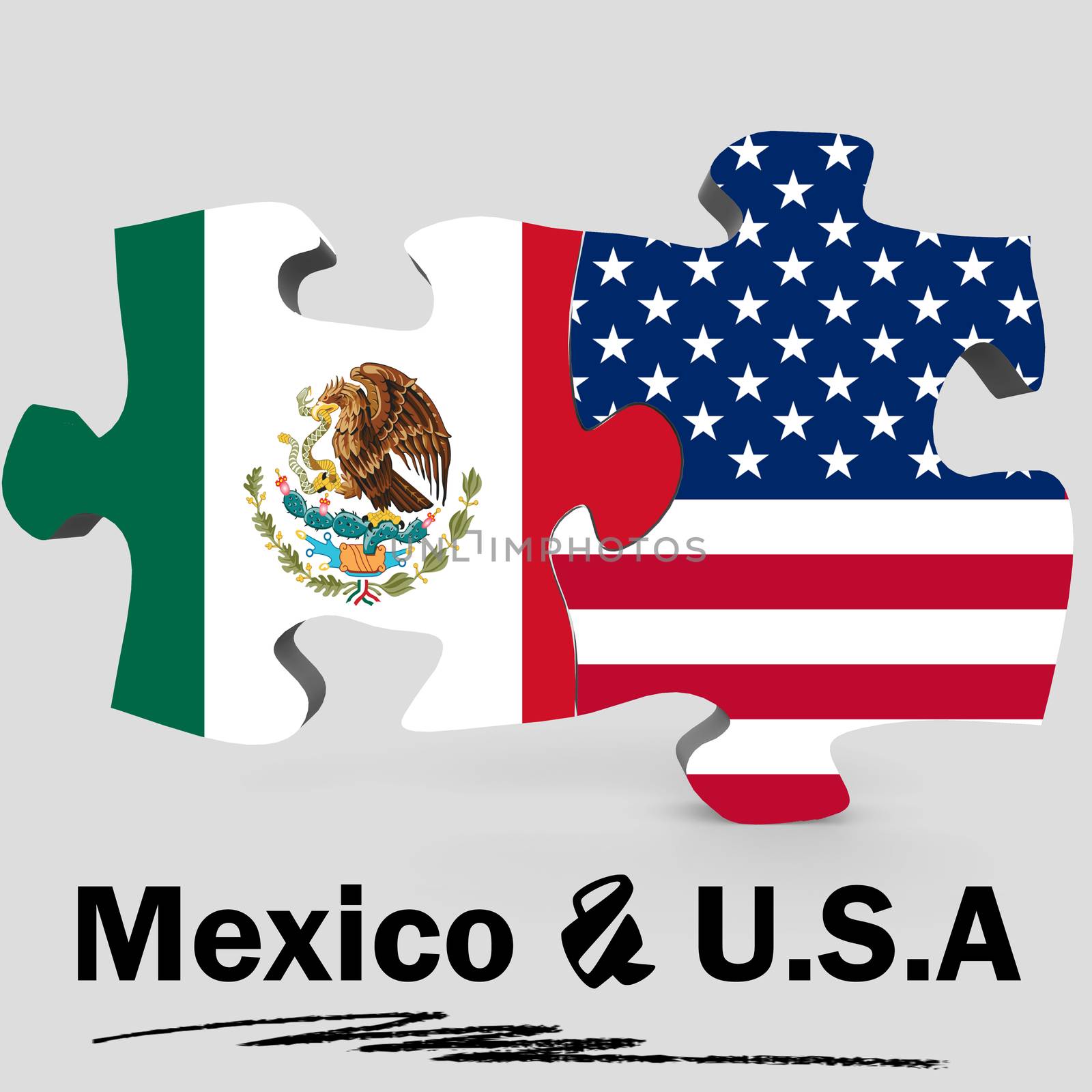 USA and Mexico Flags in puzzle isolated on white background, 3D rendering