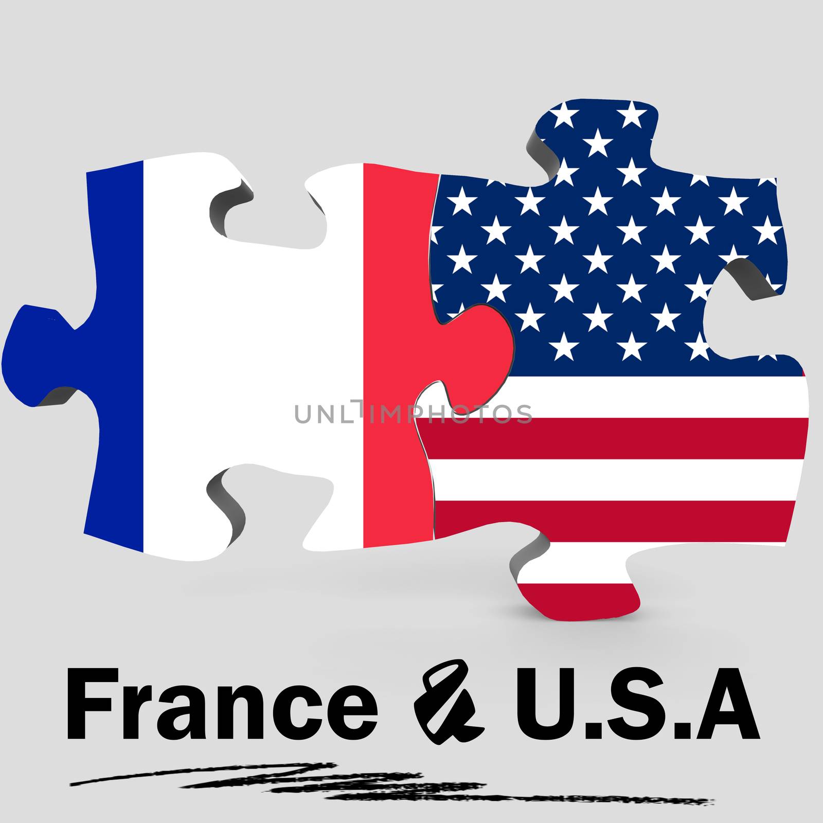 USA and France Flags in puzzle isolated on white background, 3D rendering