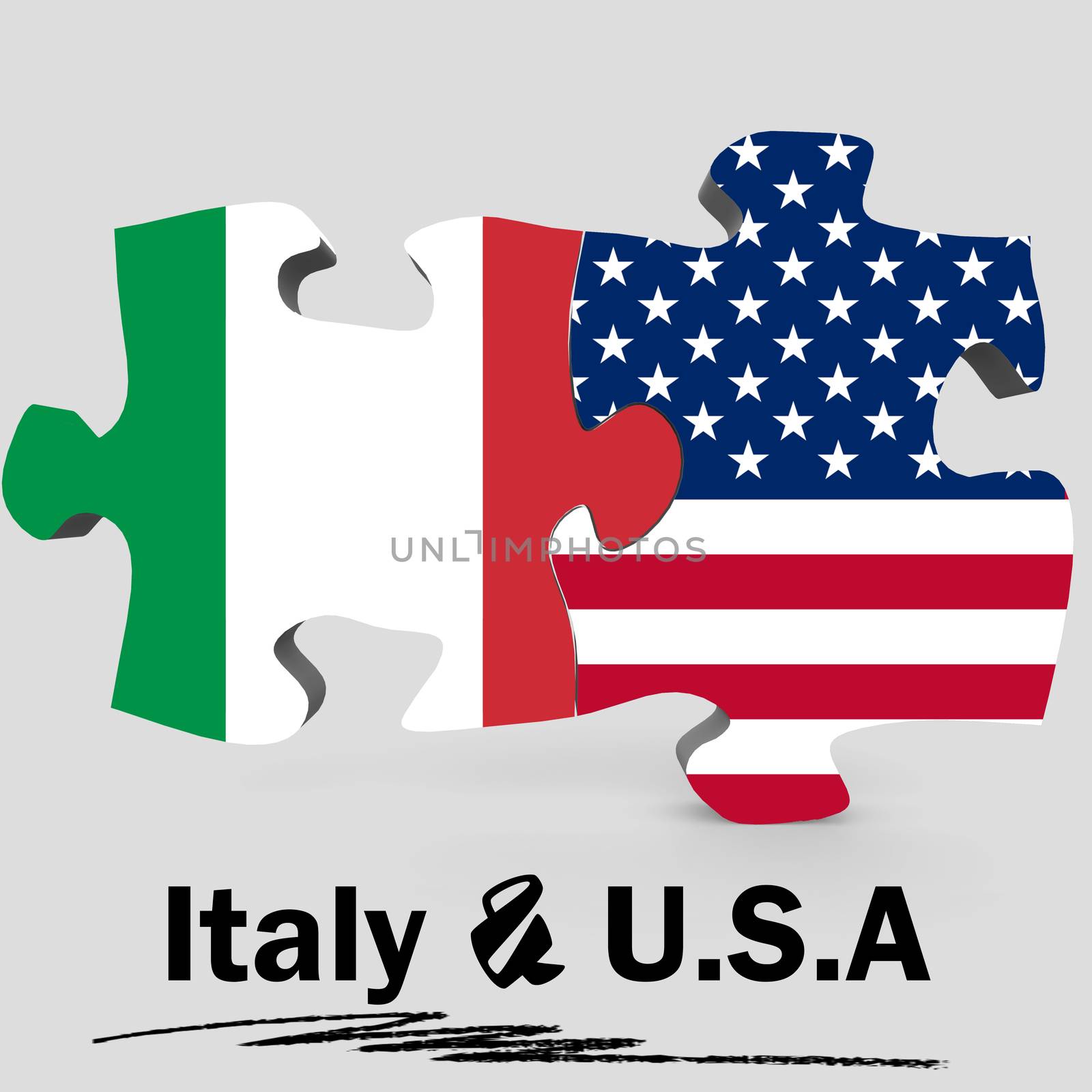 USA and Italy Flags in puzzle isolated on white background, 3D rendering