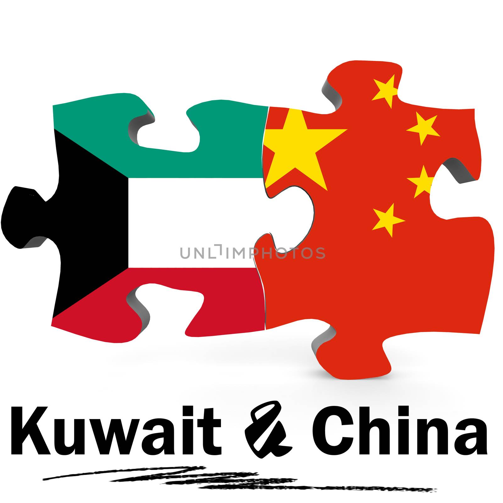 China and Kuwait Flags in puzzle isolated on white background, 3D rendering