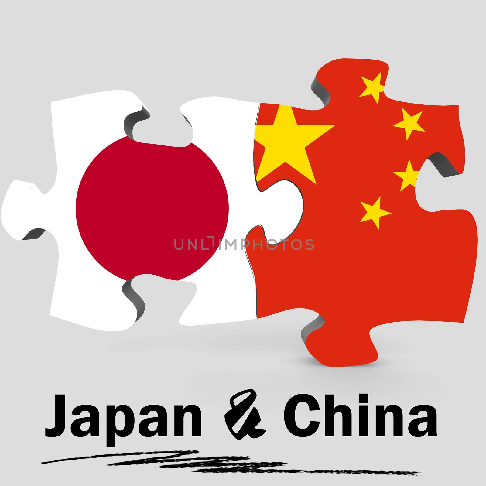 China and Japan Flags in puzzle isolated on white background, 3D rendering