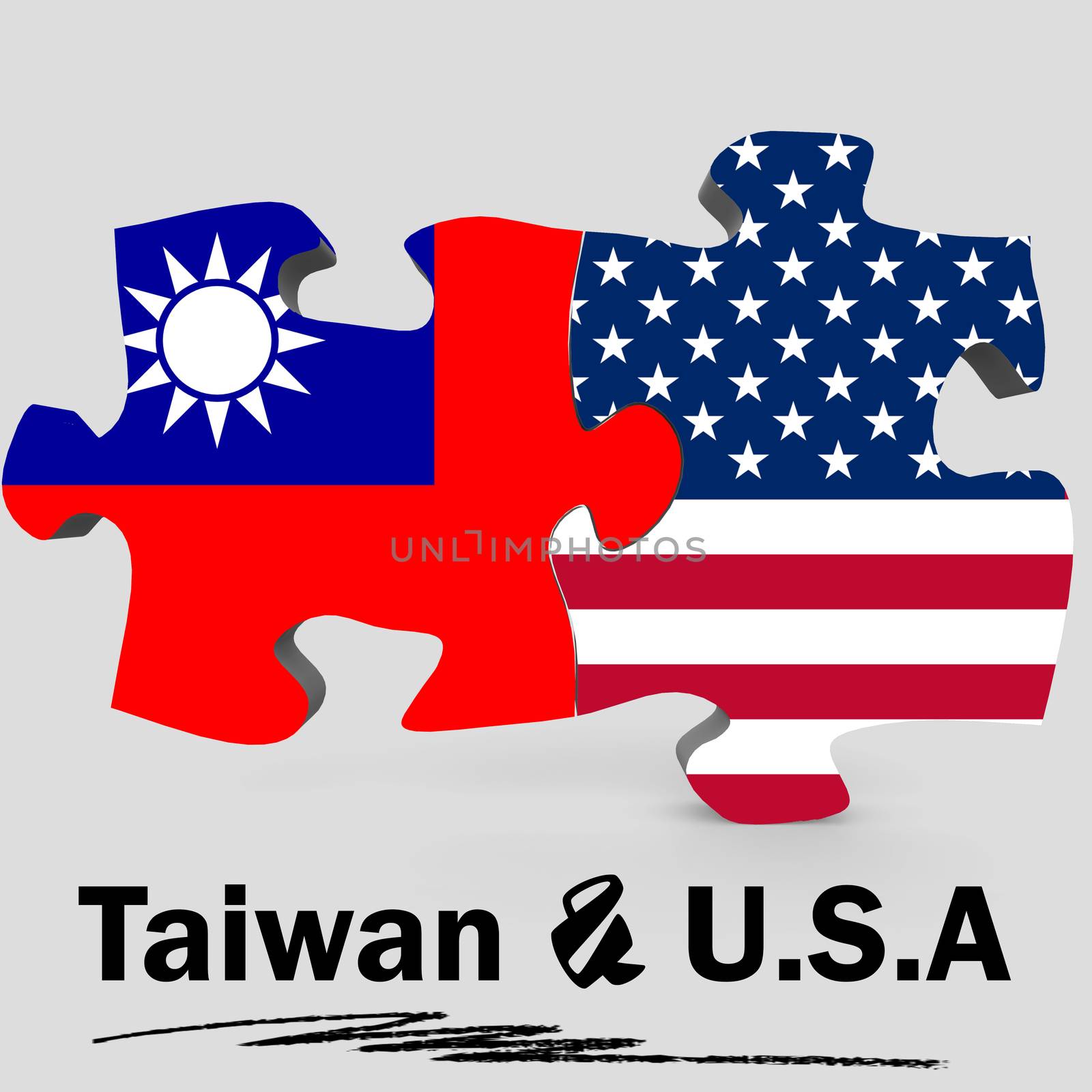 USA and Taiwan Flags in puzzle isolated on white background, 3D rendering