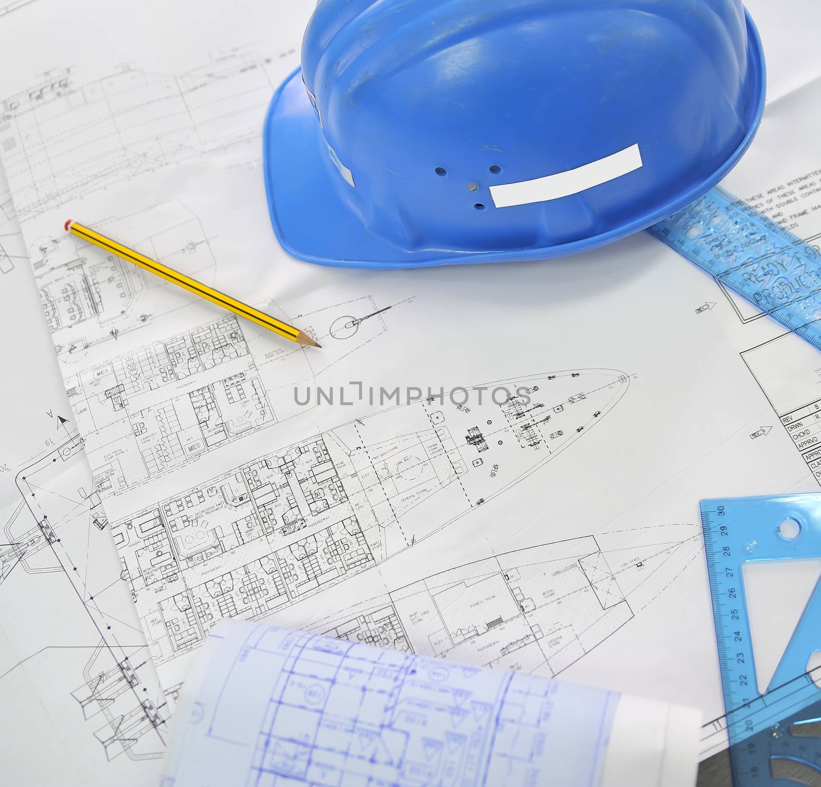 Technical naval projects paper and helmet