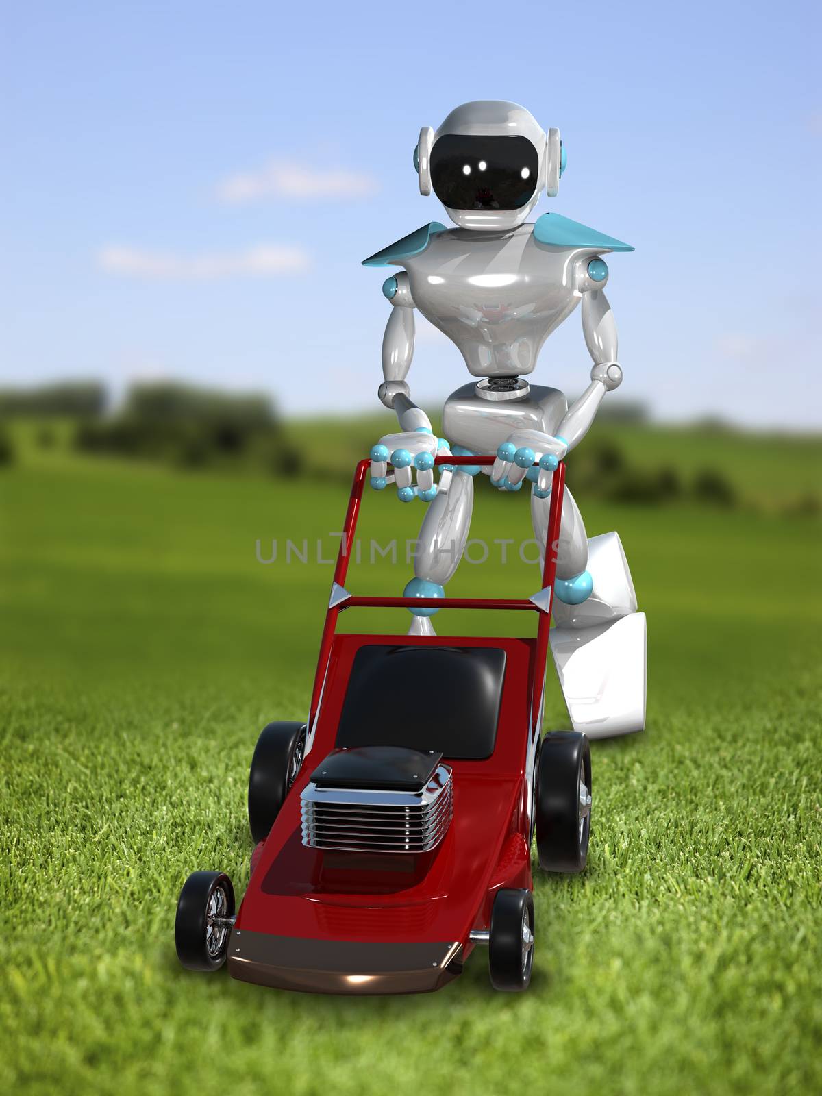 3D Illustration of a Robot with Lawn Mower