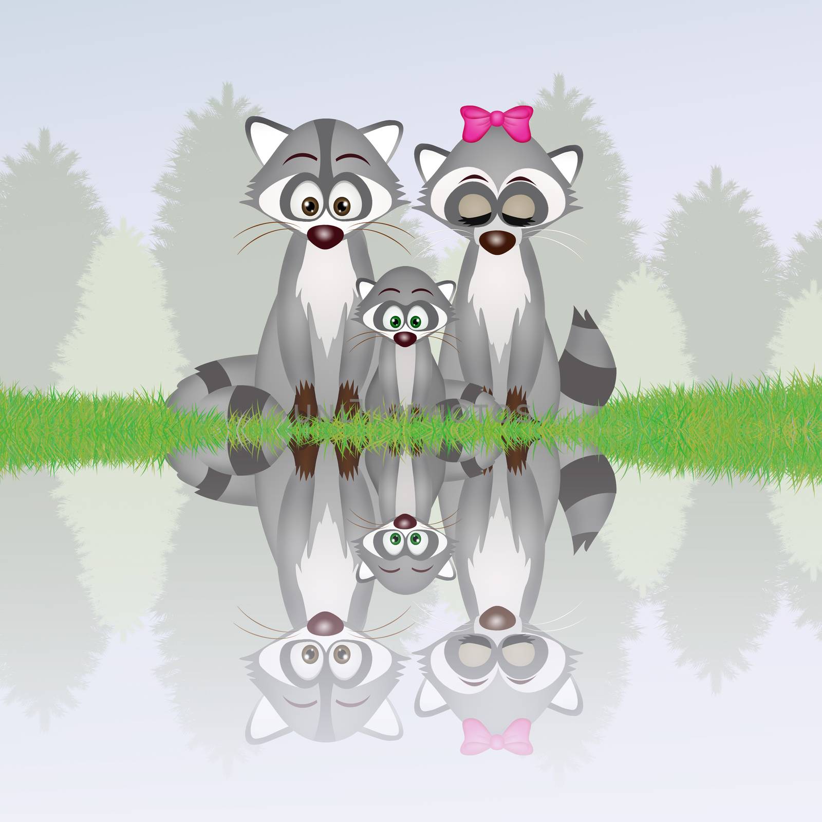 illustration of raccoons on river