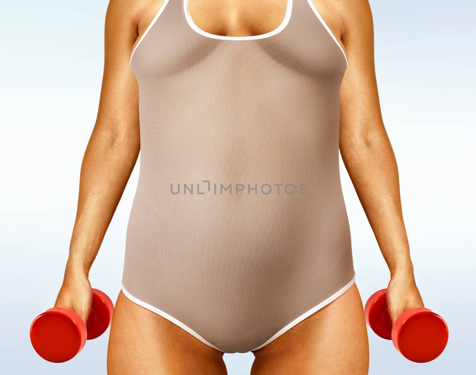 part of fitness woman working out with red dumbbells
