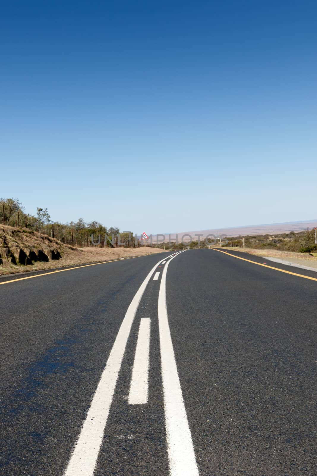 Road leading to nowhere with blue skies.