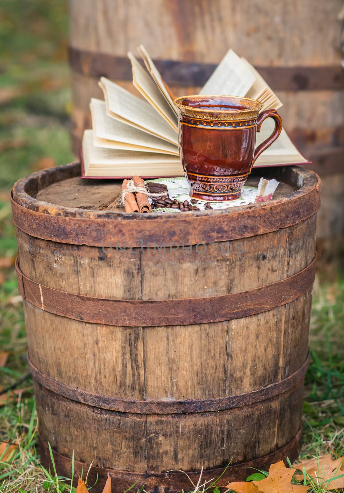 still life with cinnamon sticks, coffee beans and coffee cup on the old oak barrel in the garden autumn