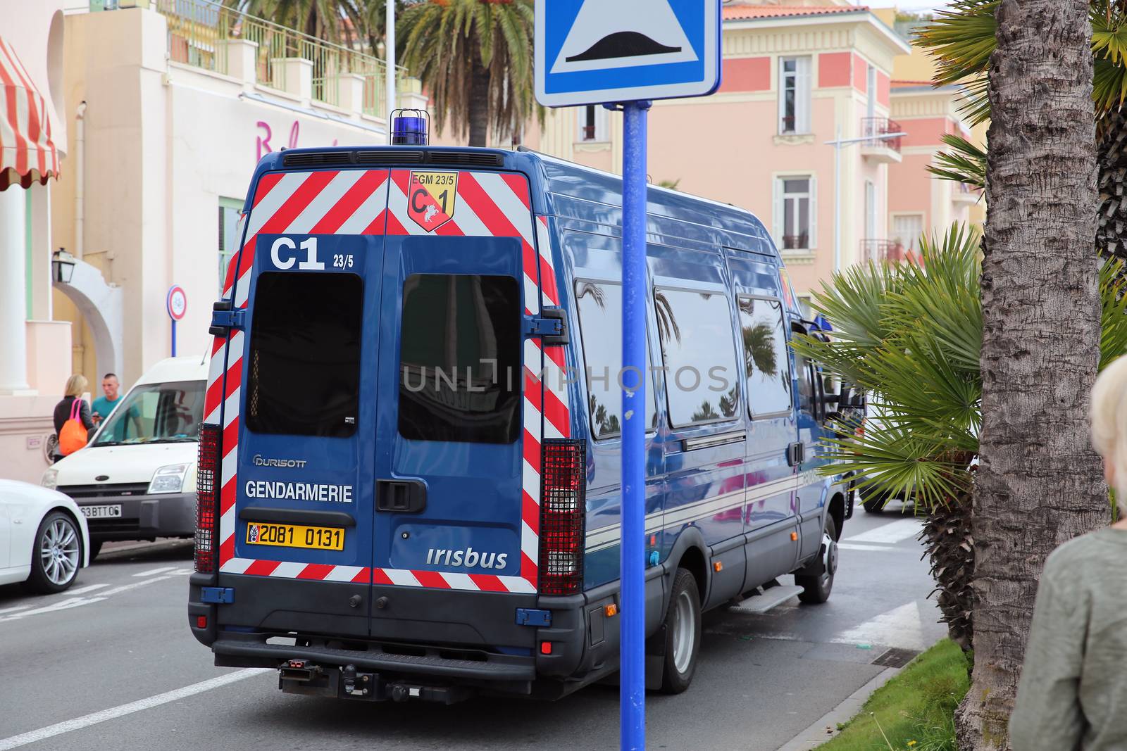 Menton, France - May 14, 2016: Police (Gendarmerie) Van Minibus Irisbus Durisotti at the City Street in Menton, French Riviera