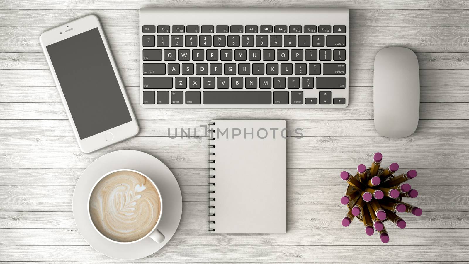 phone on a wooden table, coffee and notebook 3d illustration