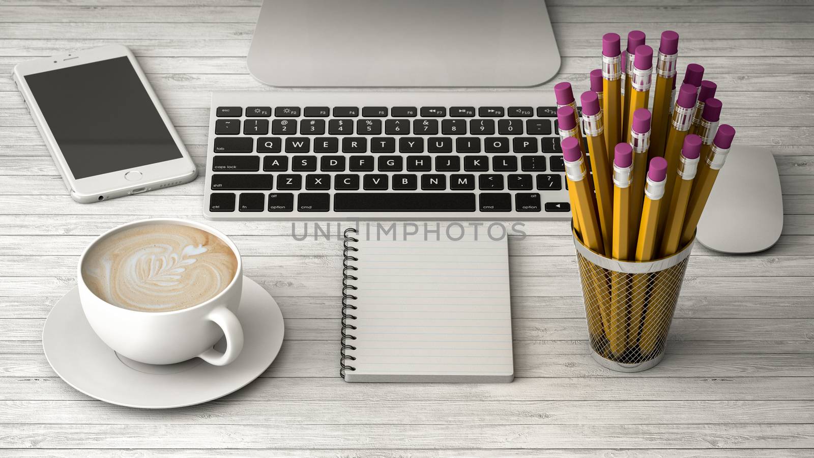 phone on a wooden table, coffee and notebook 3d illustration