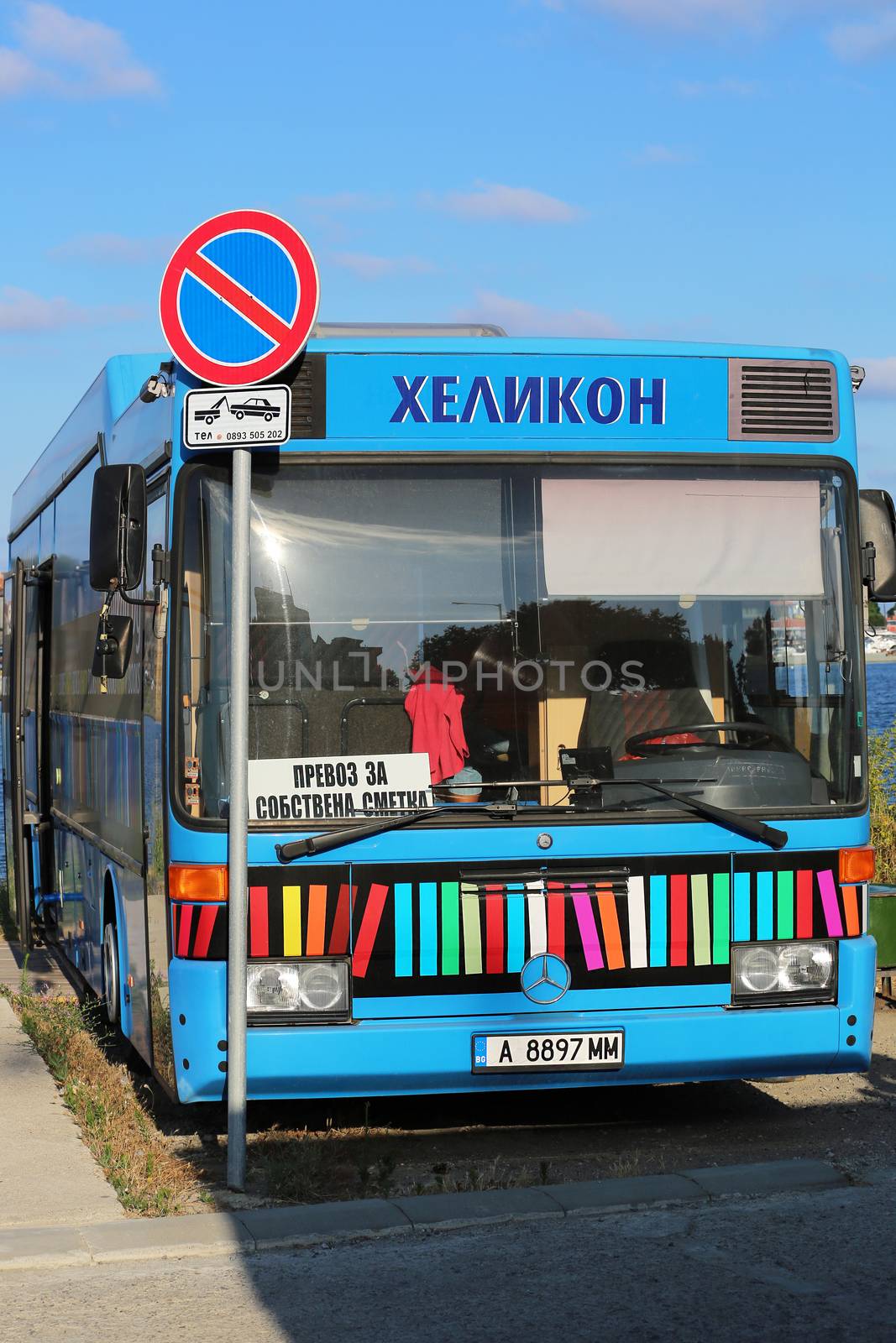 Nessebar, Bulgaria - July 16, 2016: Mercedes Blue Public Library Bus Downtown in Nessebar. Bulgarian Black Sea Coast