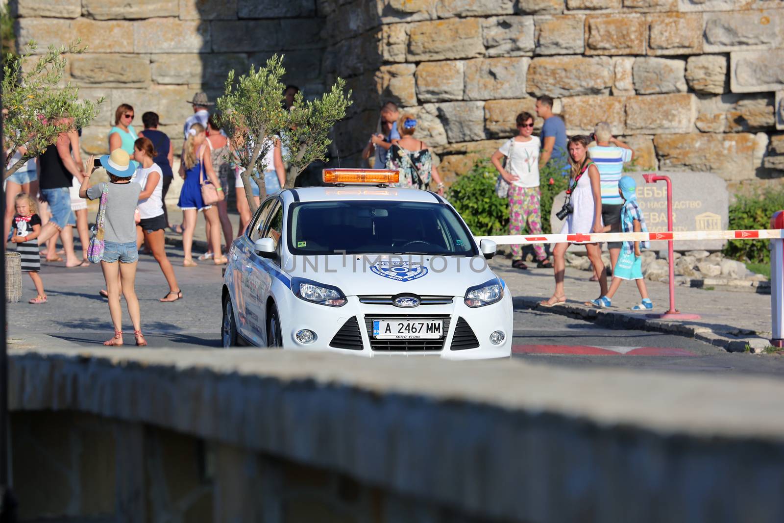 Nessebar, Bulgaria - July 16, 2016: White Ford Focus Police (Municipality Of Nessebar) Car Parked on the Street in Nessebar on the Bulgarian Black Sea Coast, Nobody in Vehicle
