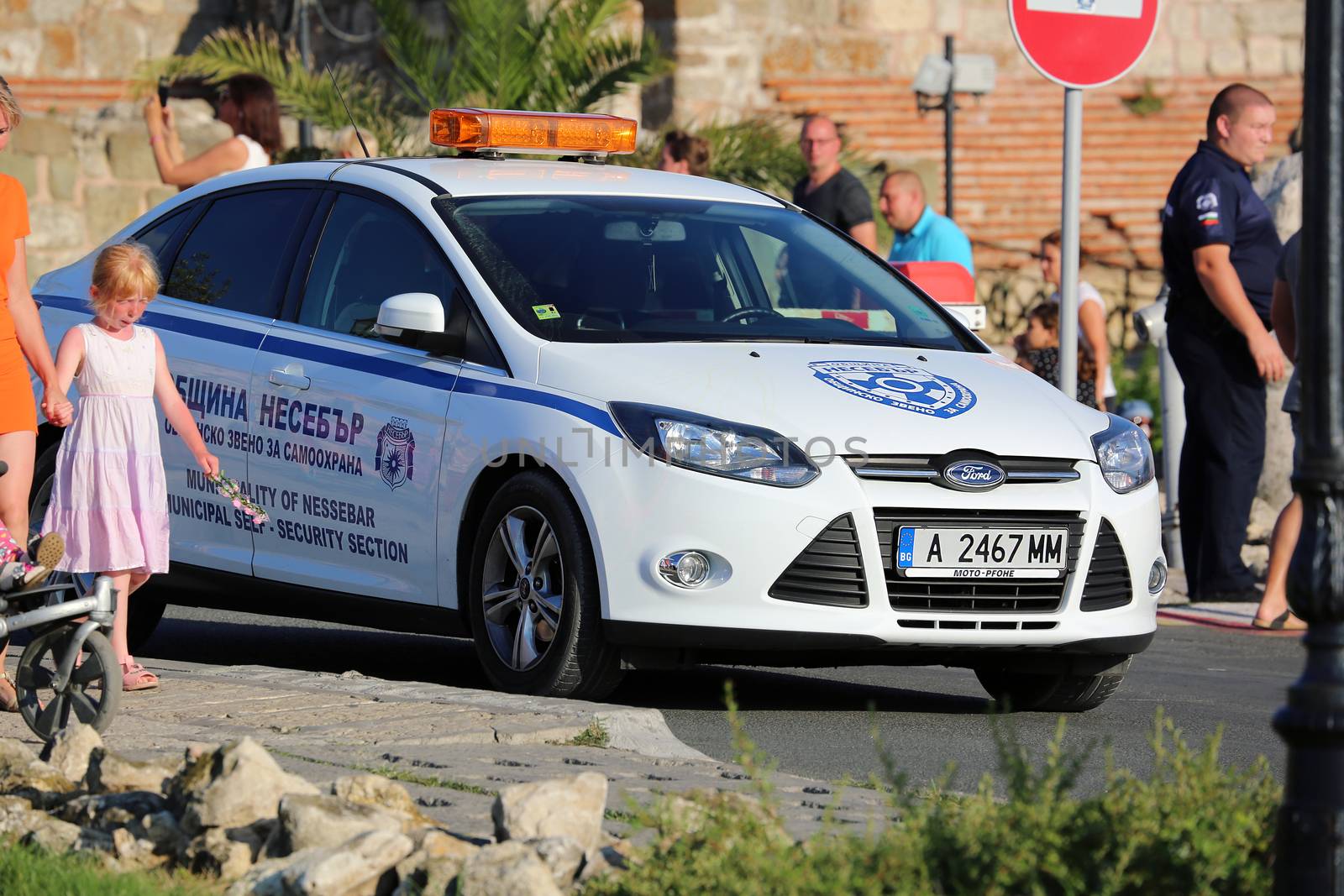 Nessebar, Bulgaria - July 16, 2016: White Ford Focus Police (Municipality Of Nessebar) Car Parked on the Street in Nessebar on the Bulgarian Black Sea Coast, Nobody in Vehicle
