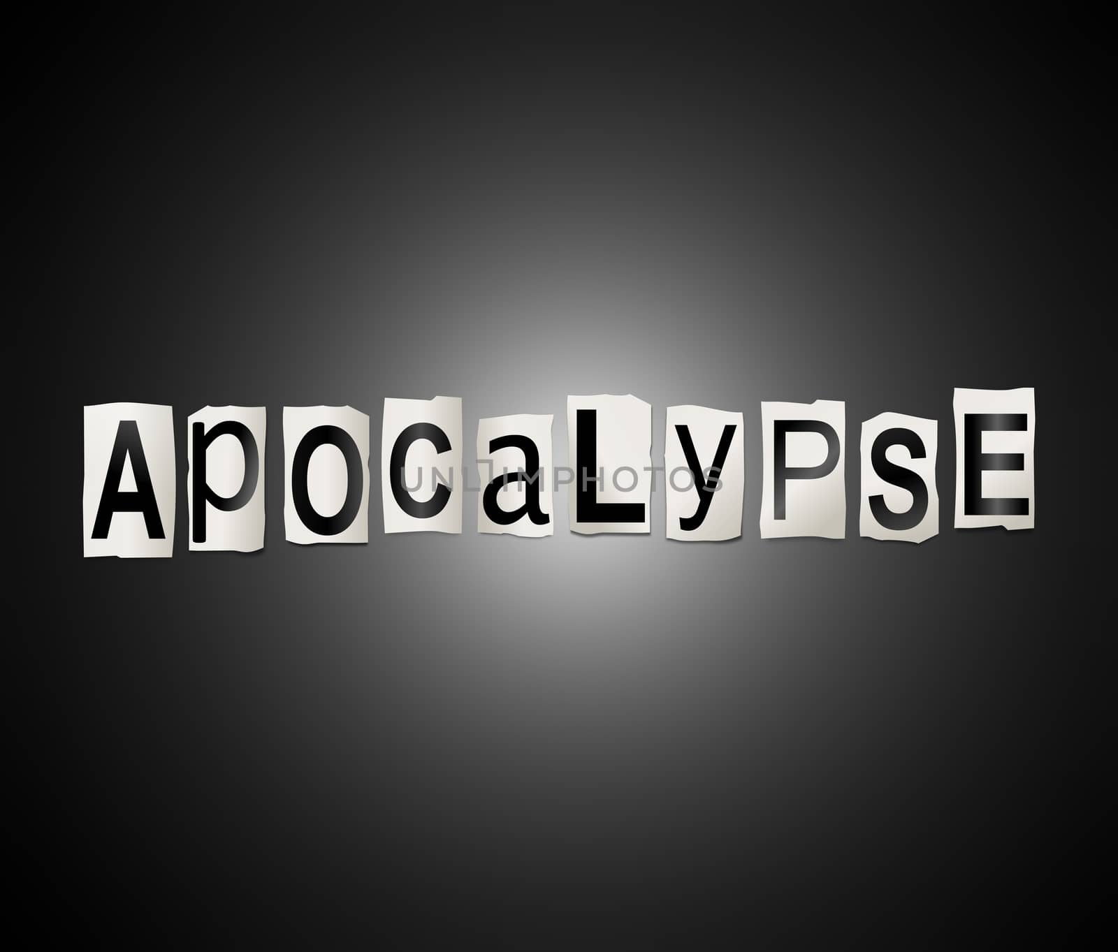Illustration depicting a set of cut out printed letters arranged to form the word apocalypse.