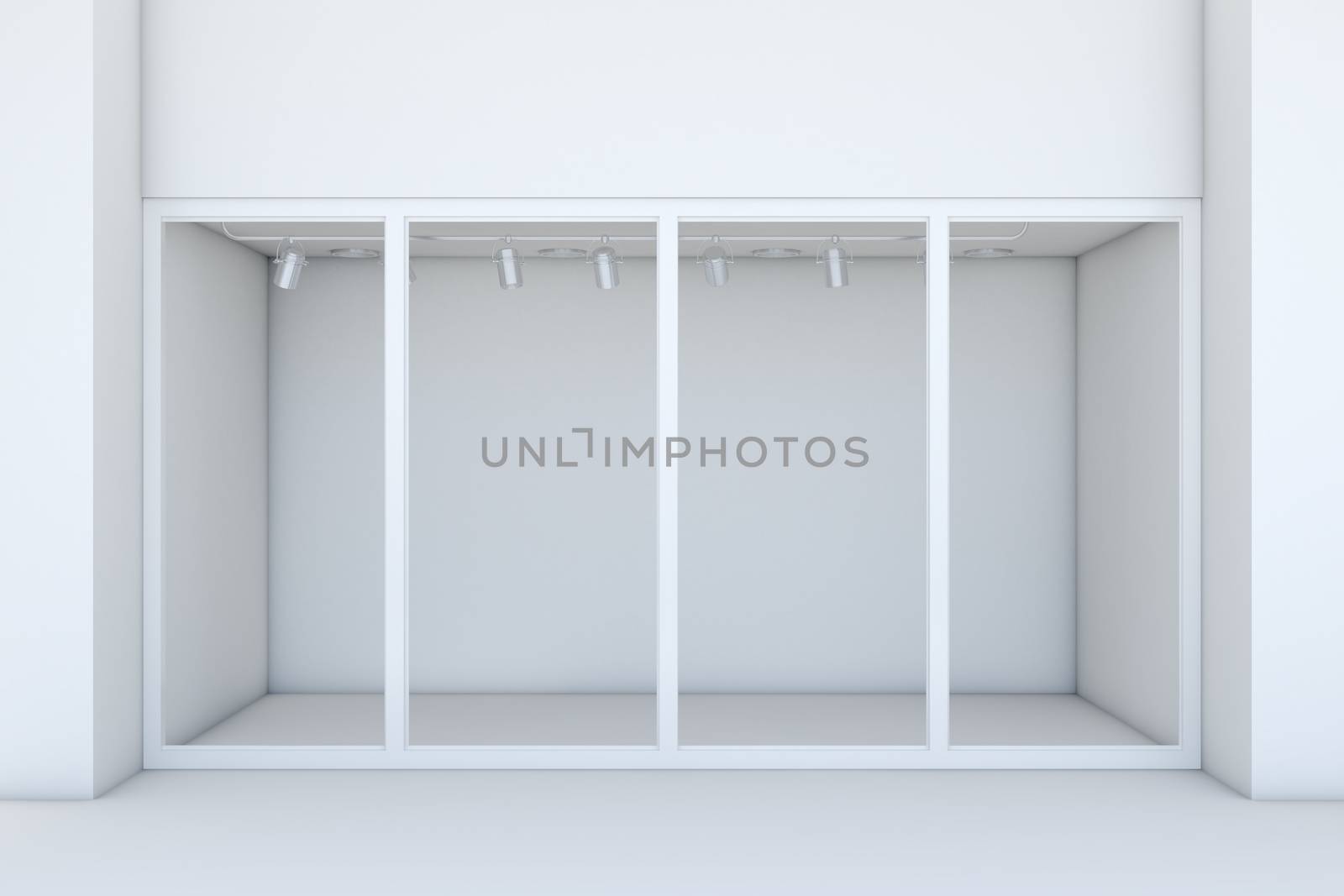 Shopfront with large windows. White store facade. 3d rendering