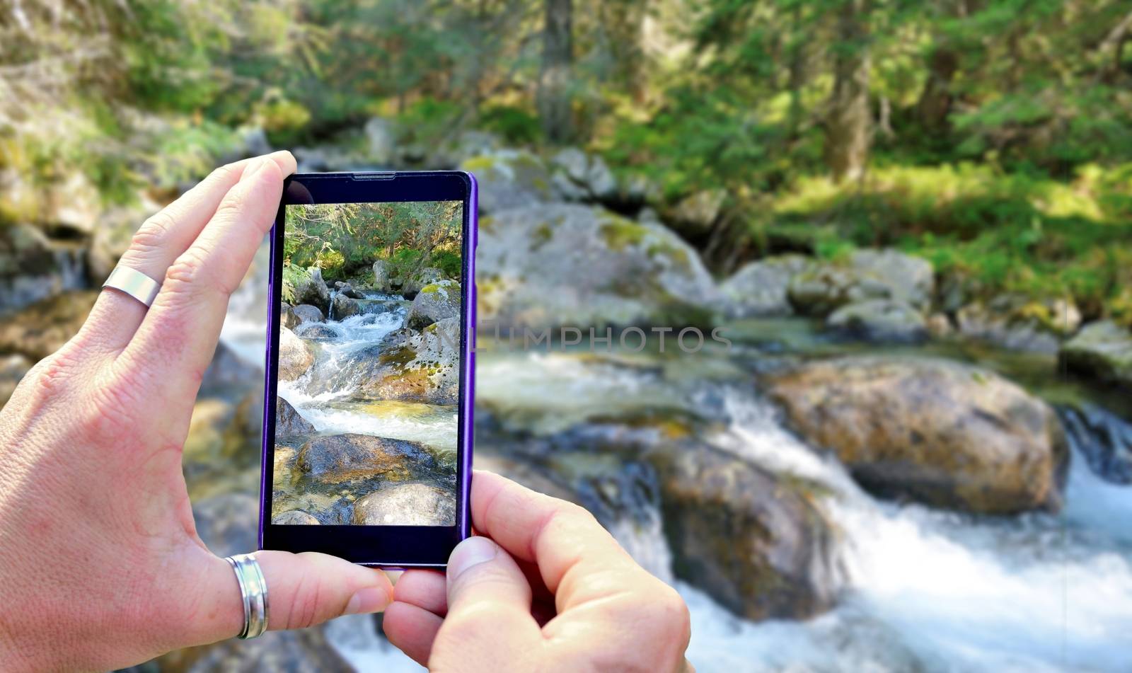 View over the mobile phone display during taking a picture of landscape in nature. Holding the mobile phone in hands and taking a photo. Focused on mobile phone screen. 