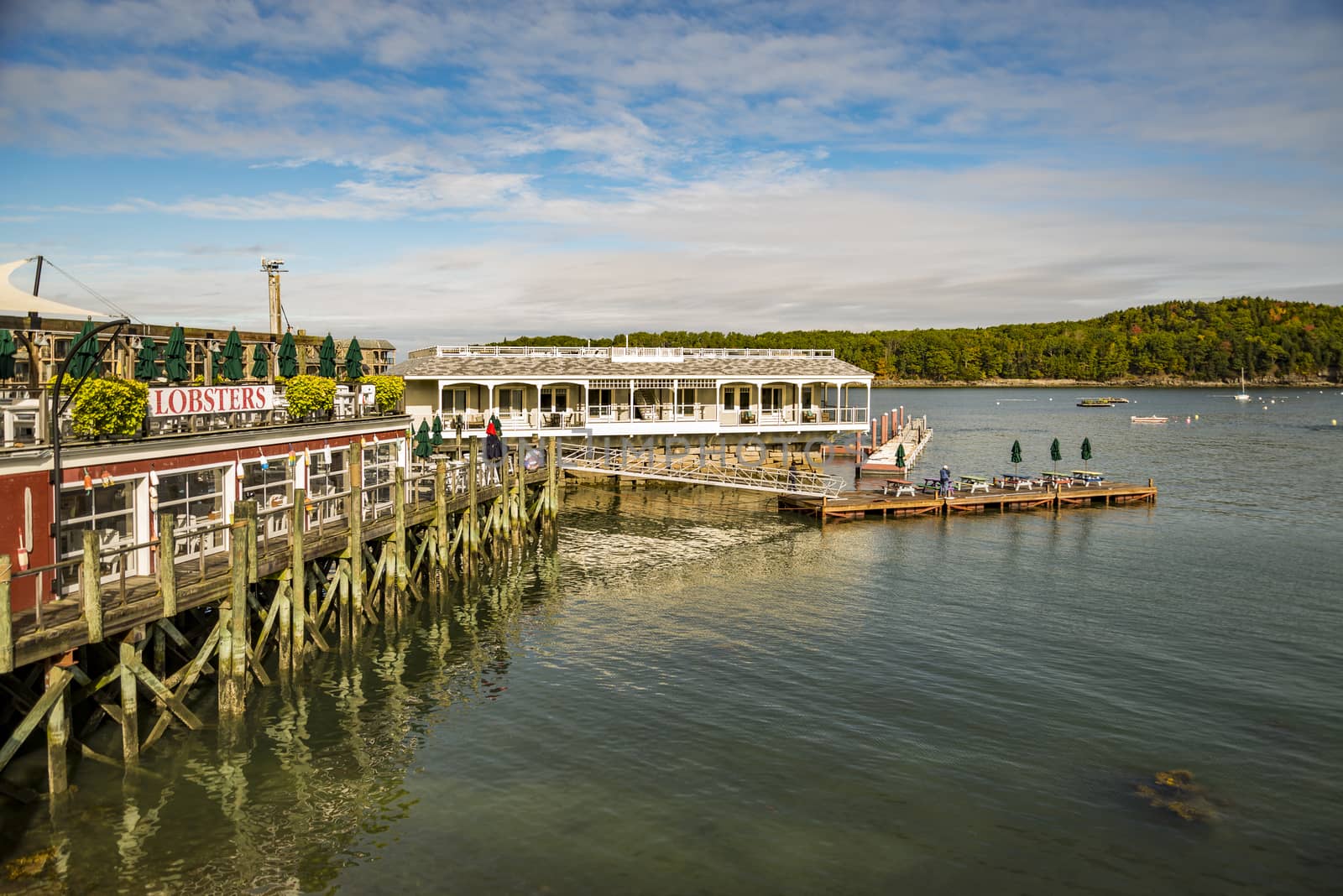 BAR HARBOR, ME - OCTOBER 02: Dockside lobster restaurant in historic Bar Harbor ME on October 02, 2016. Bar Harbor is a famous location in Down East Maine with a long history of lobstering.