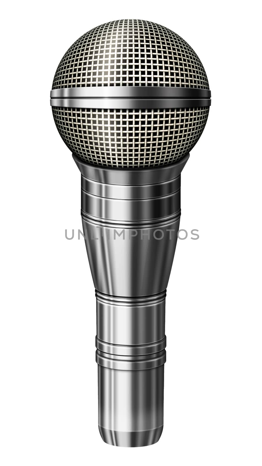 Digital illustration of a microphone with a silver casing. Isolated from any background. 3D illustration.