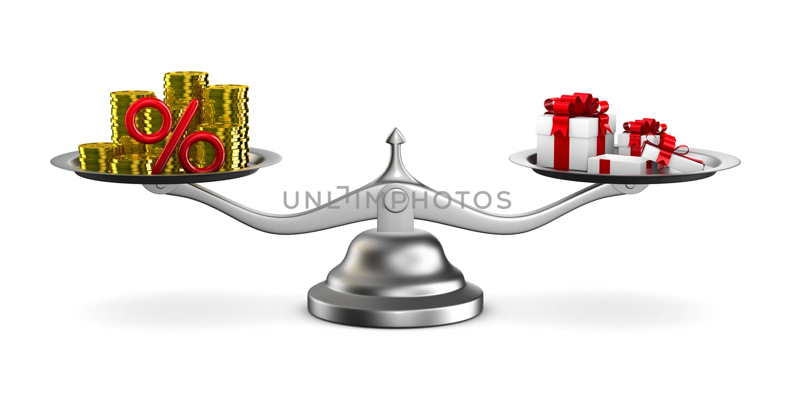 Gift box and cash on scale. Isolated 3D image
