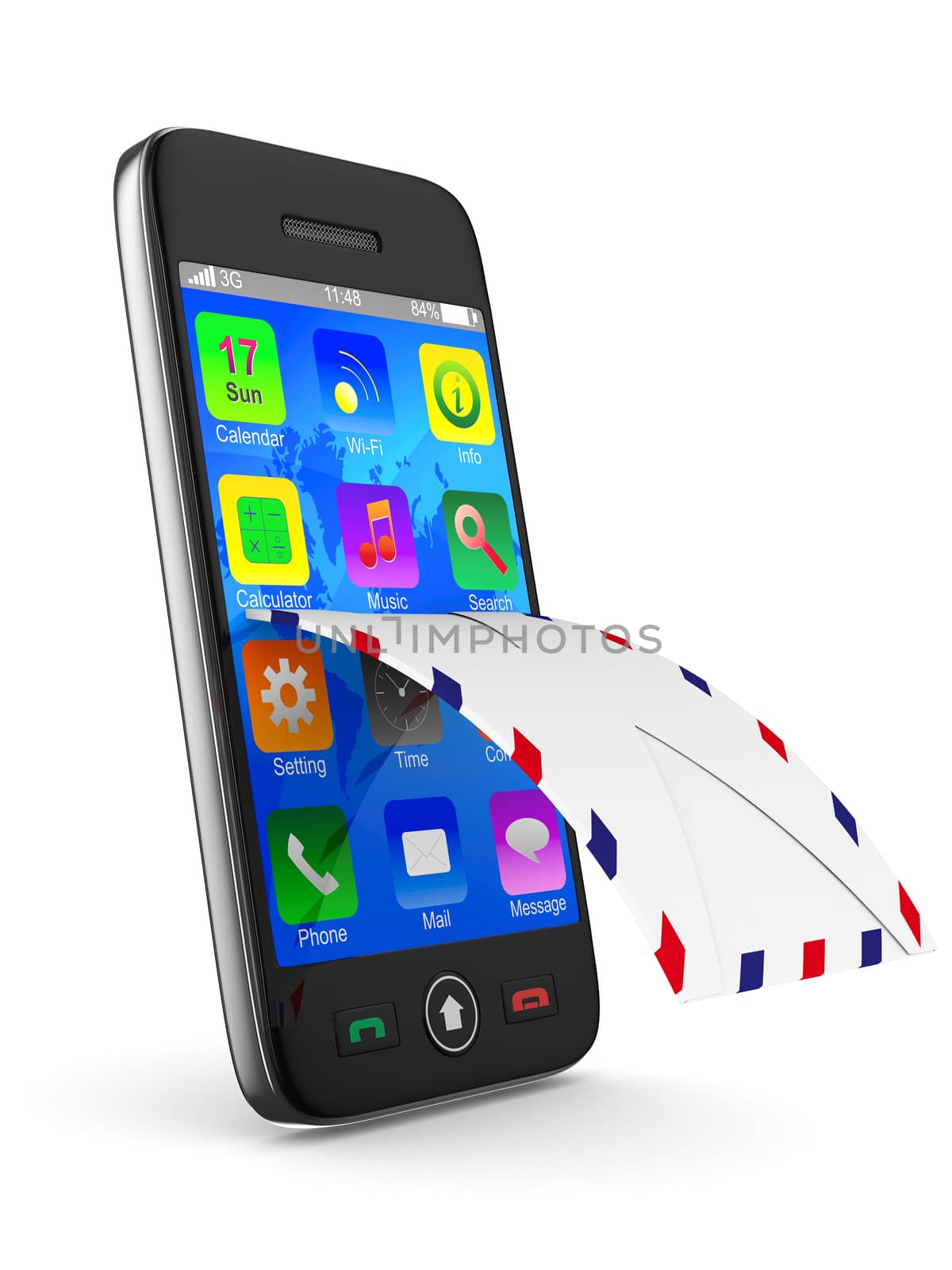 phone and mail on white background. Isolated 3D image by ISerg