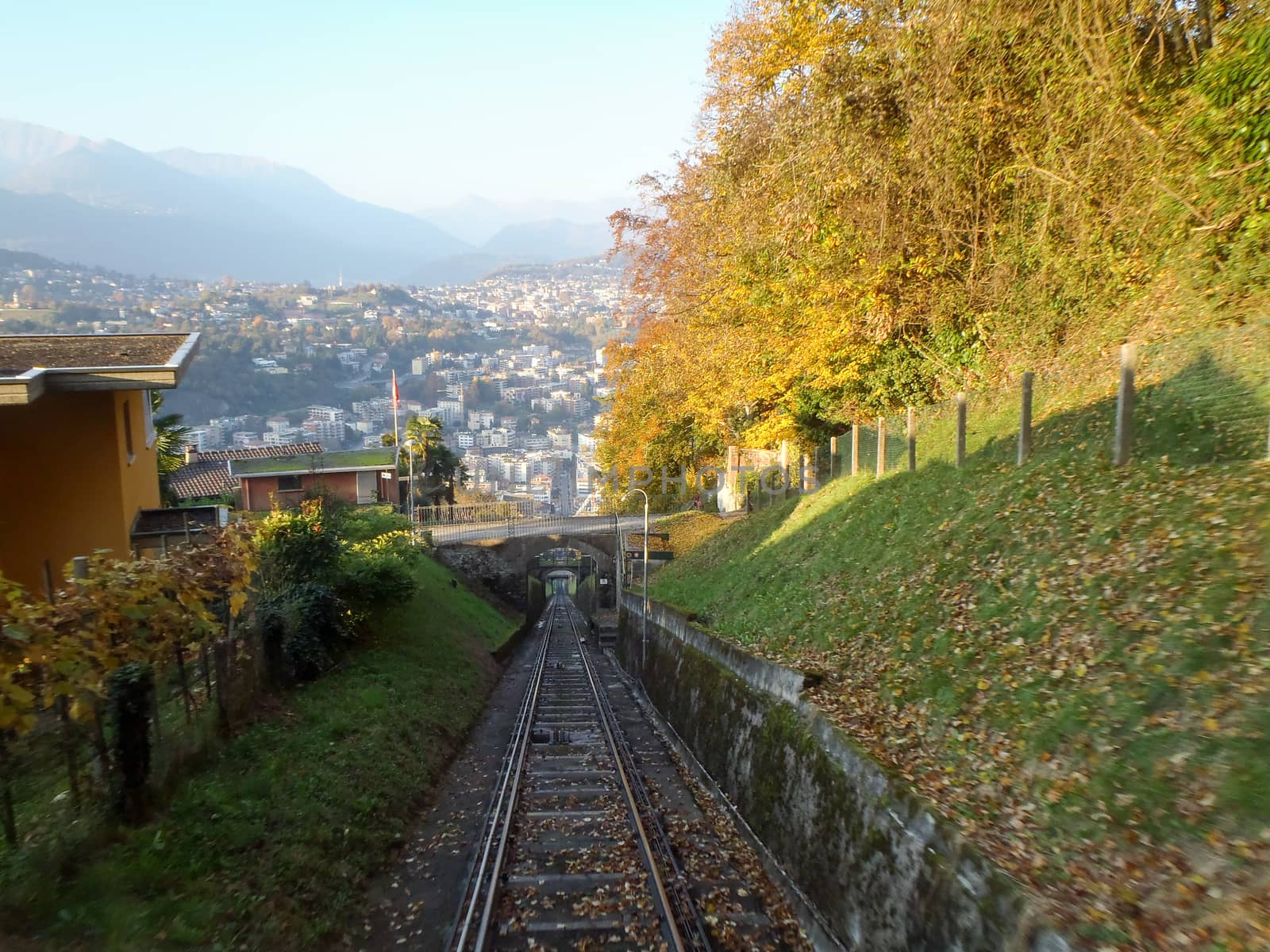 Lugano, Switzerland: San Salvatore funicular line between the mountain forest