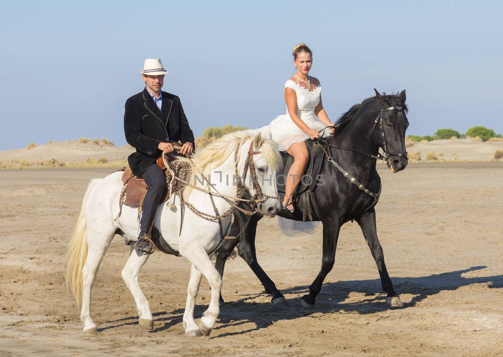 marrieds and horses on a beach in the south of France
