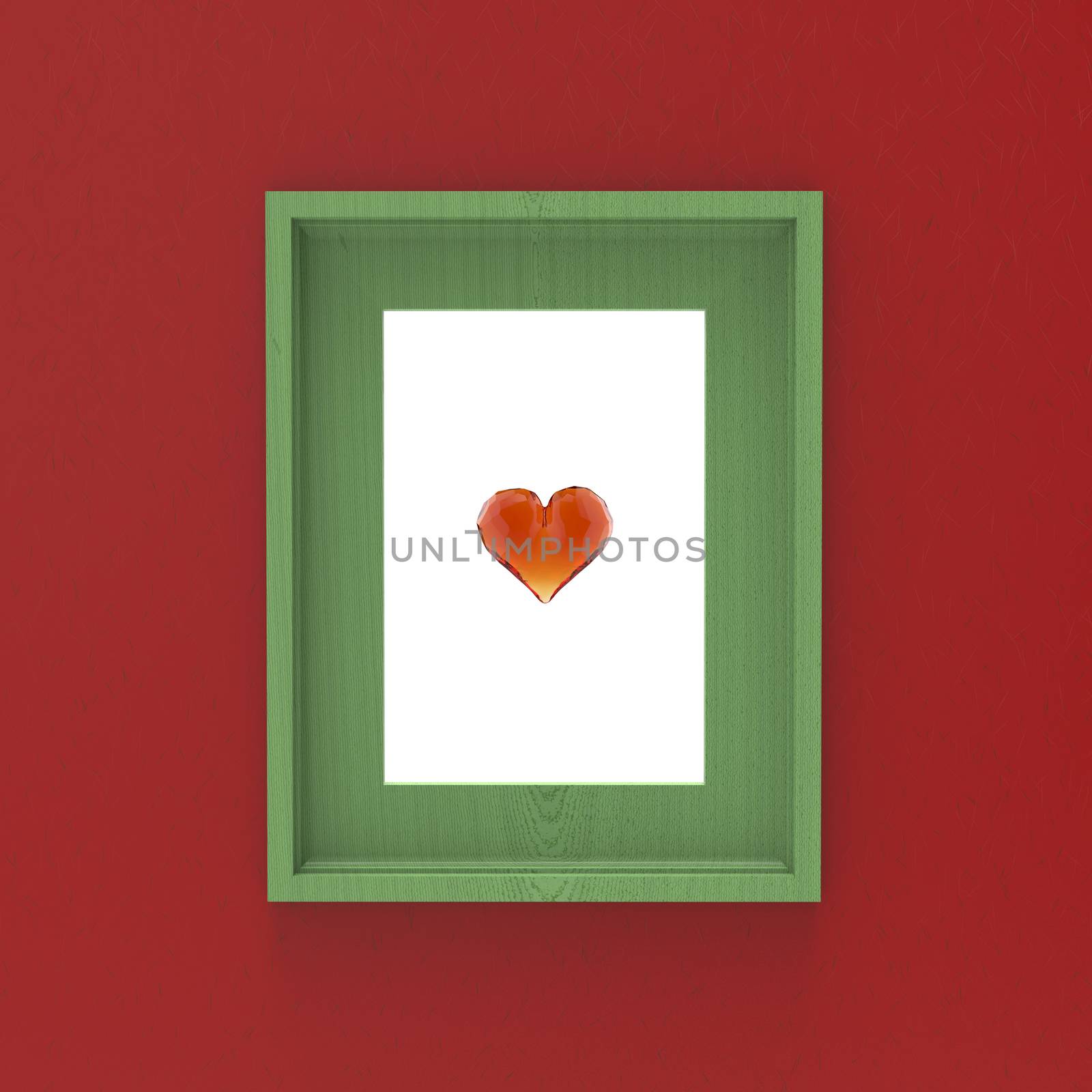 blank wooden frame on red wall with glass gem heart inside . 3d illustration mockup design by skrotov