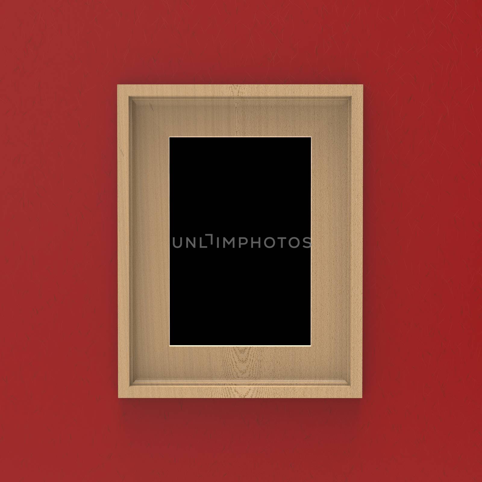 blank wooden frame on red wall . 3d illustration mockup design by skrotov