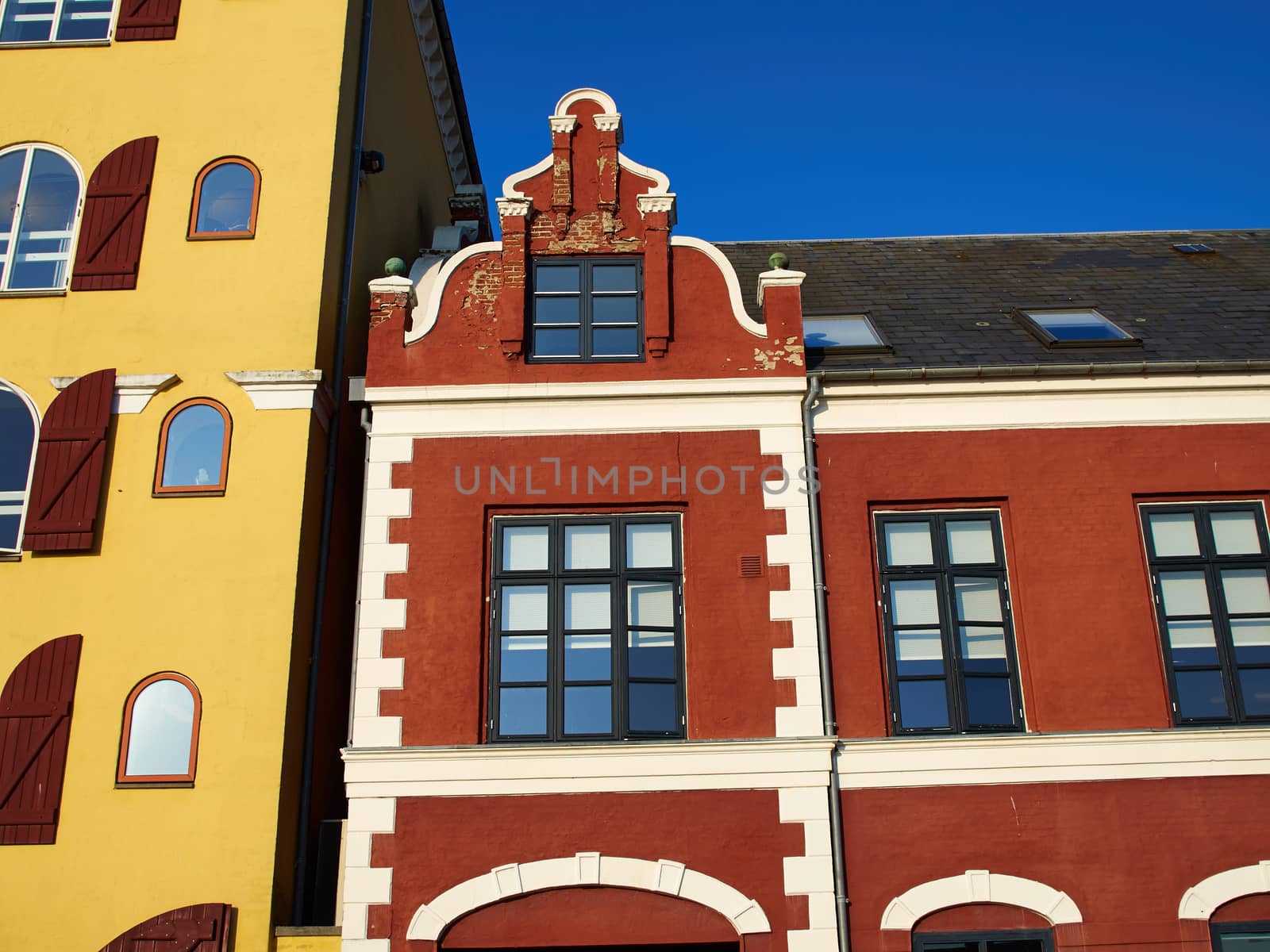 Colorful old traditional style city urban houses Svendborg Denmark