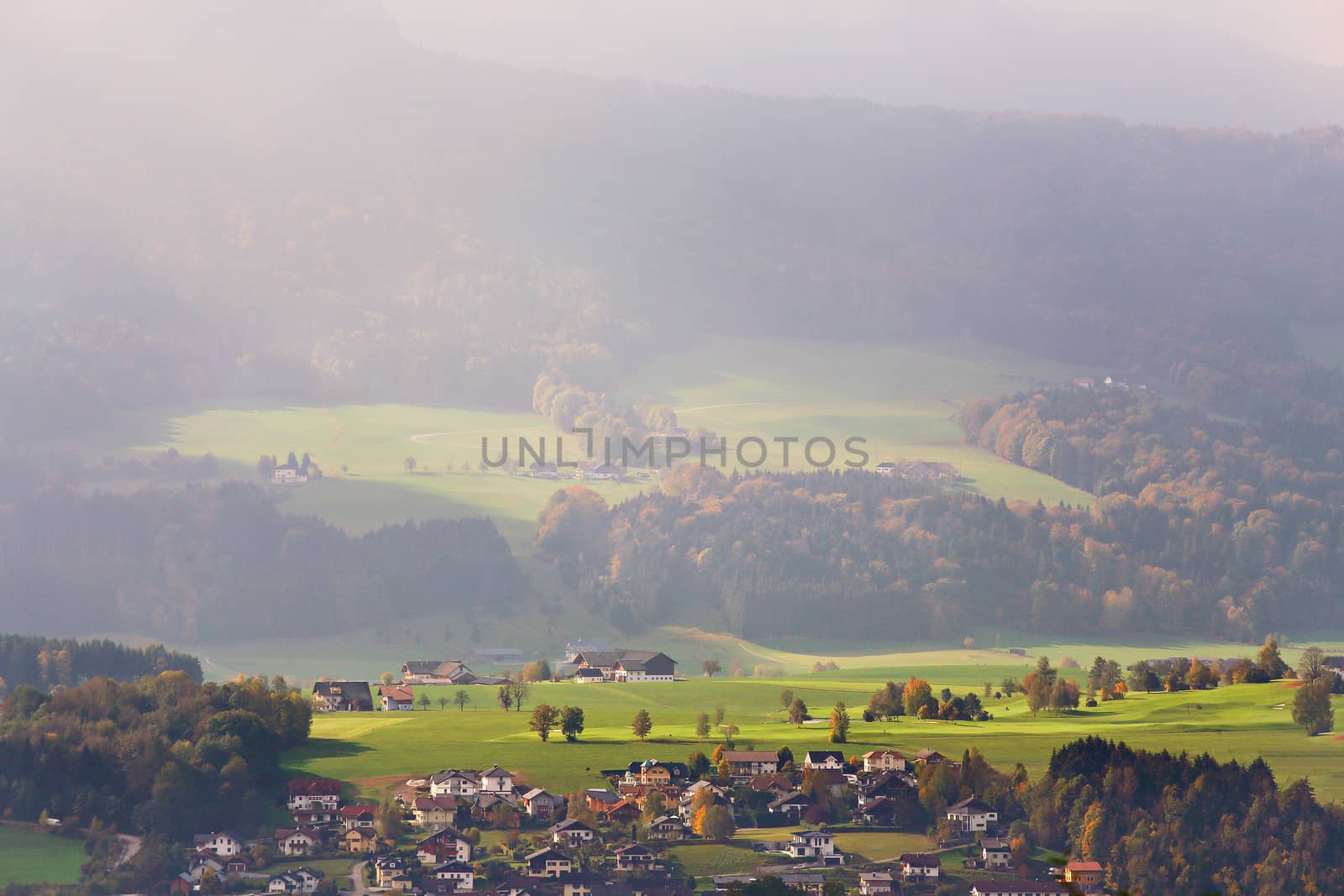 Sunny October day in Austria. Autumn in Alpine mountains