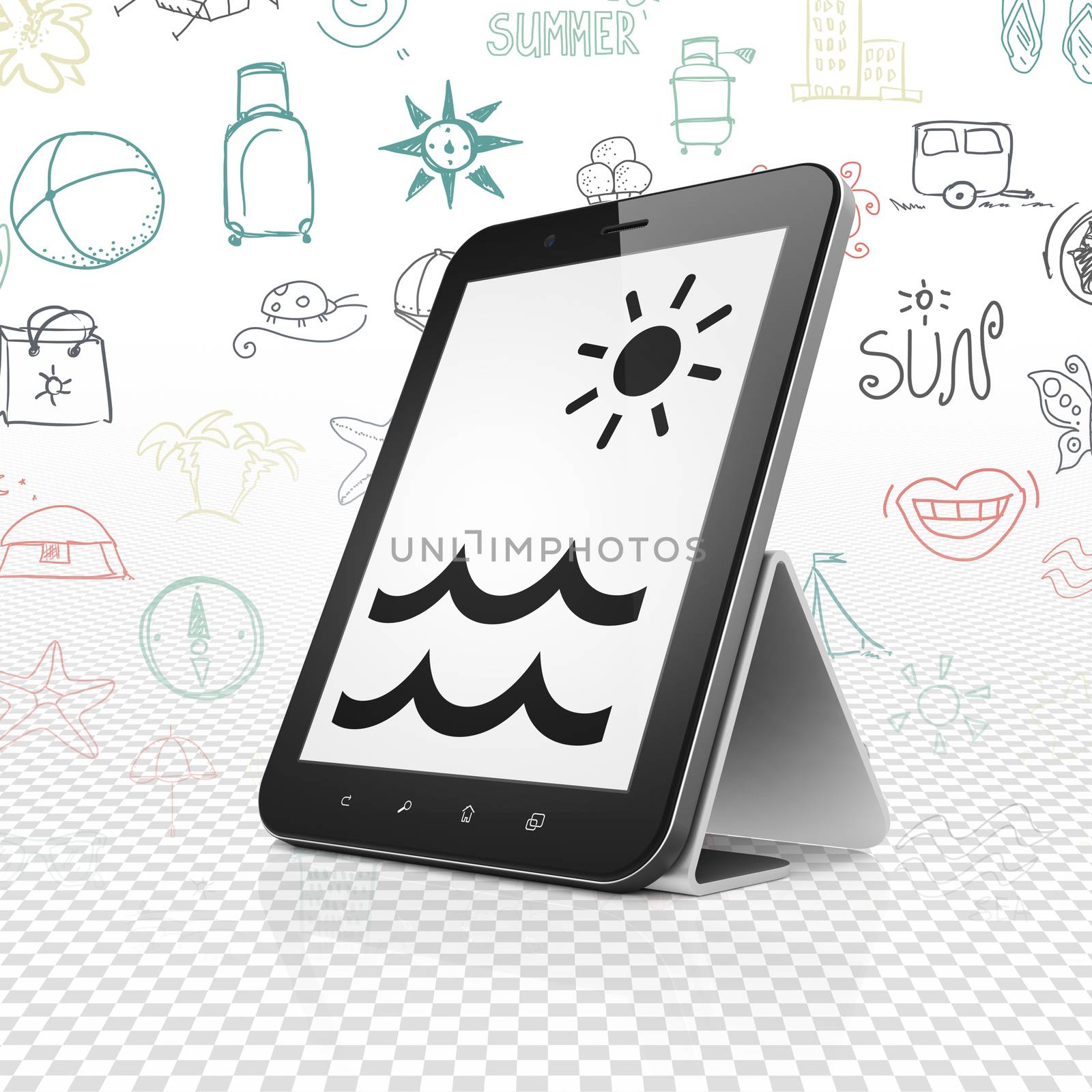 Travel concept: Tablet Computer with  black Beach icon on display,  Hand Drawn Vacation Icons background, 3D rendering