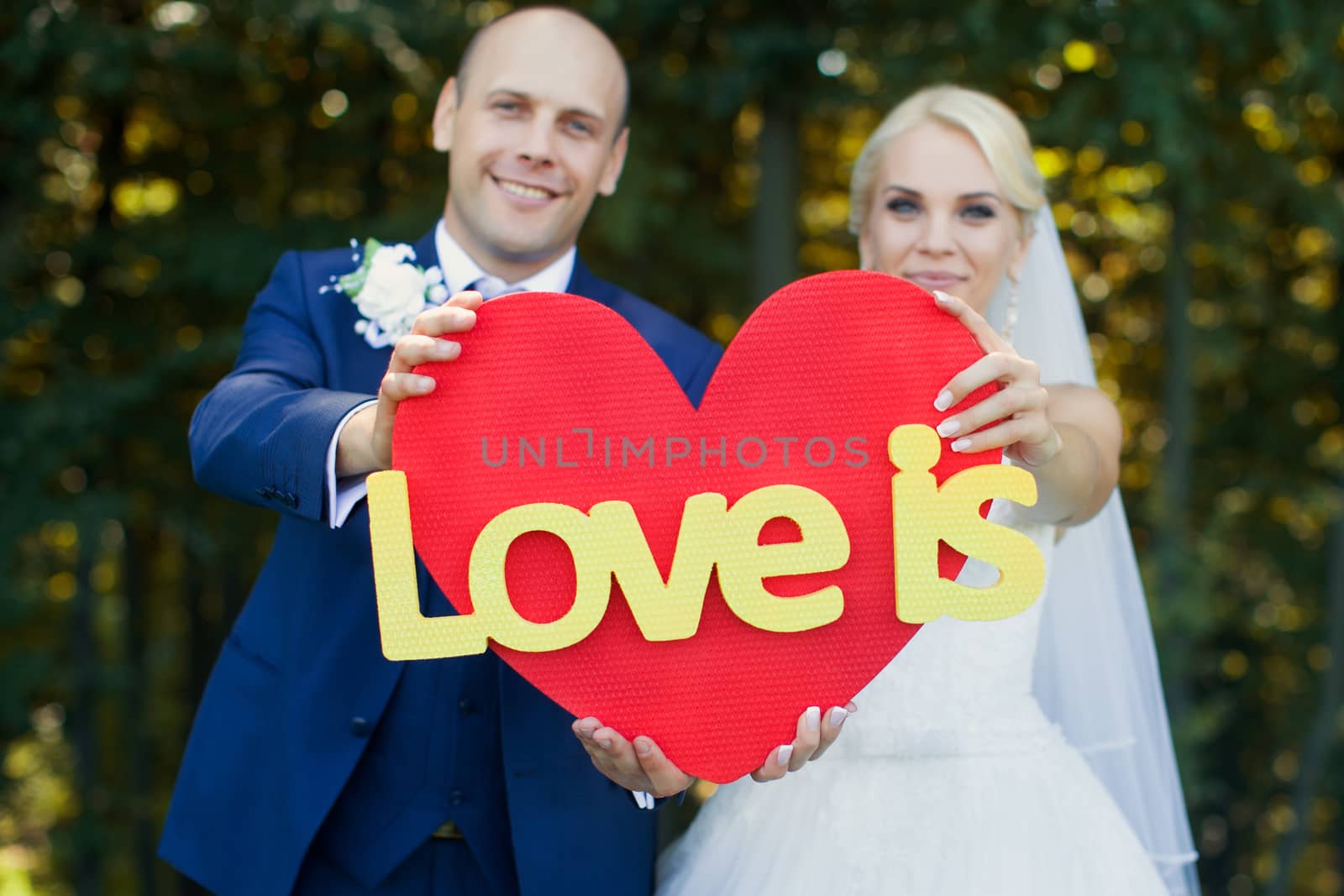 Newlyweds are holding a red heart on a green glade