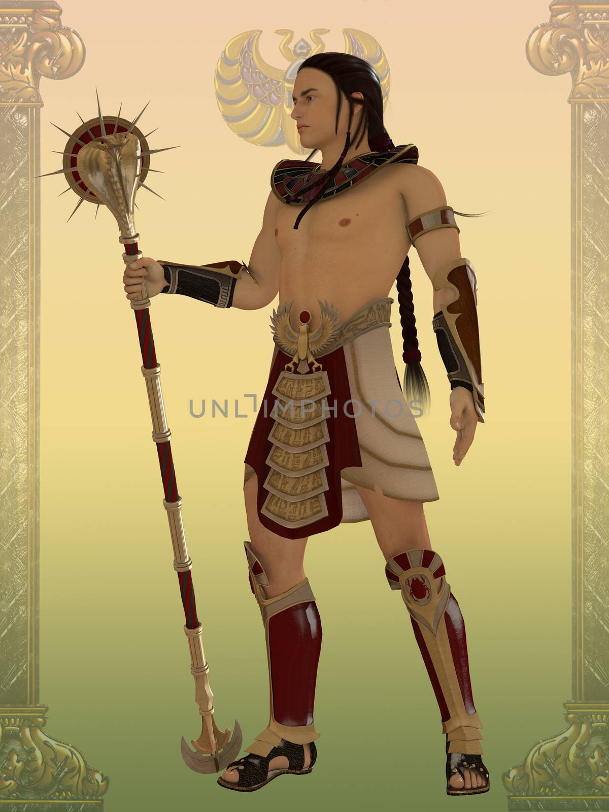 An Egyptian guard for the temples and palaces of the Old Kingdom of Egypt with cobra staff.