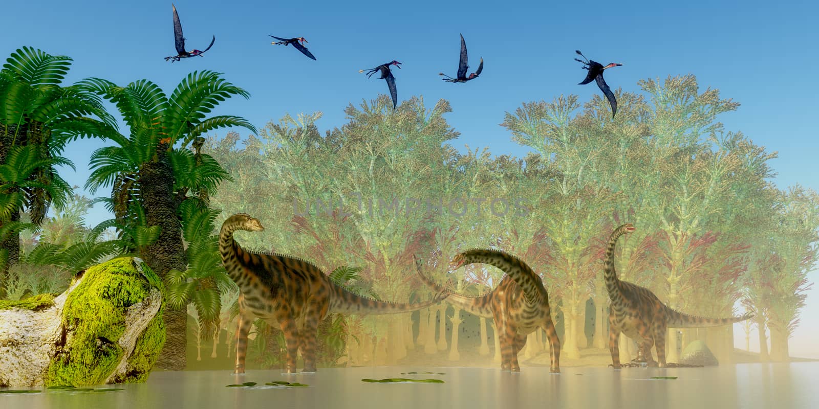 A flock of Dorygnathus reptiles fly over a herd of Spinophorosaurus sauropod dinosaurs in a Jurassic swamp.