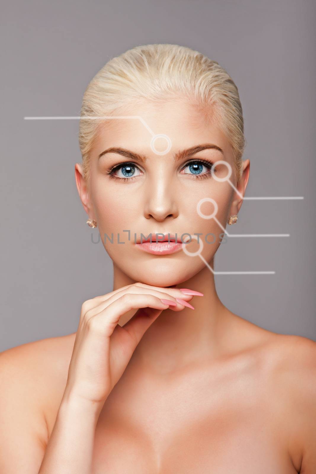 Beauty portrait face of beautiful blond woman with blue eyes and smooth skin with lines identifying wrinkle zones, aesthetics skincare concept.