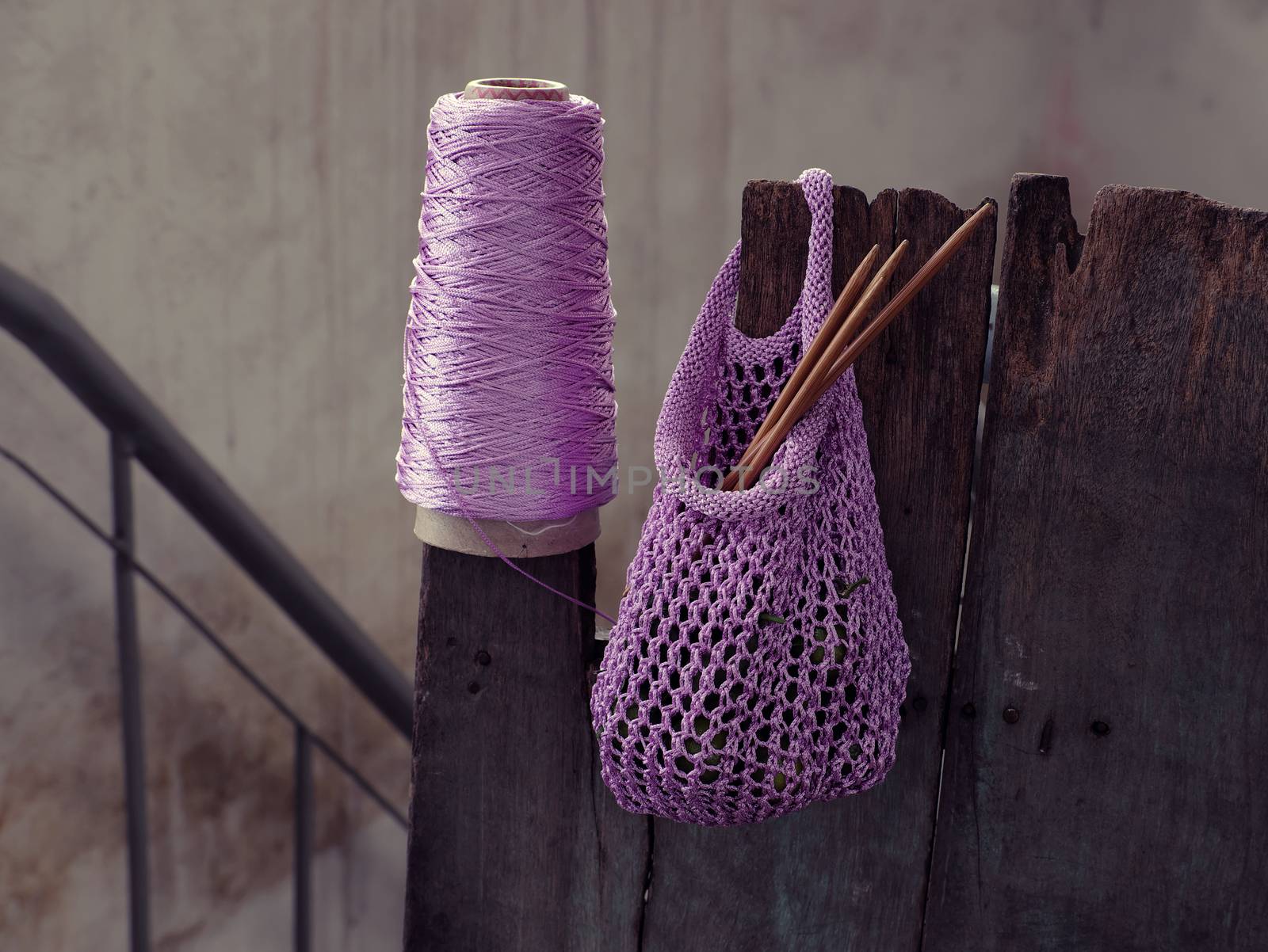 Handmade handbag to go market, hand bag knit from purple yarn, hobby leisure to make gift for woman or mom in mother day