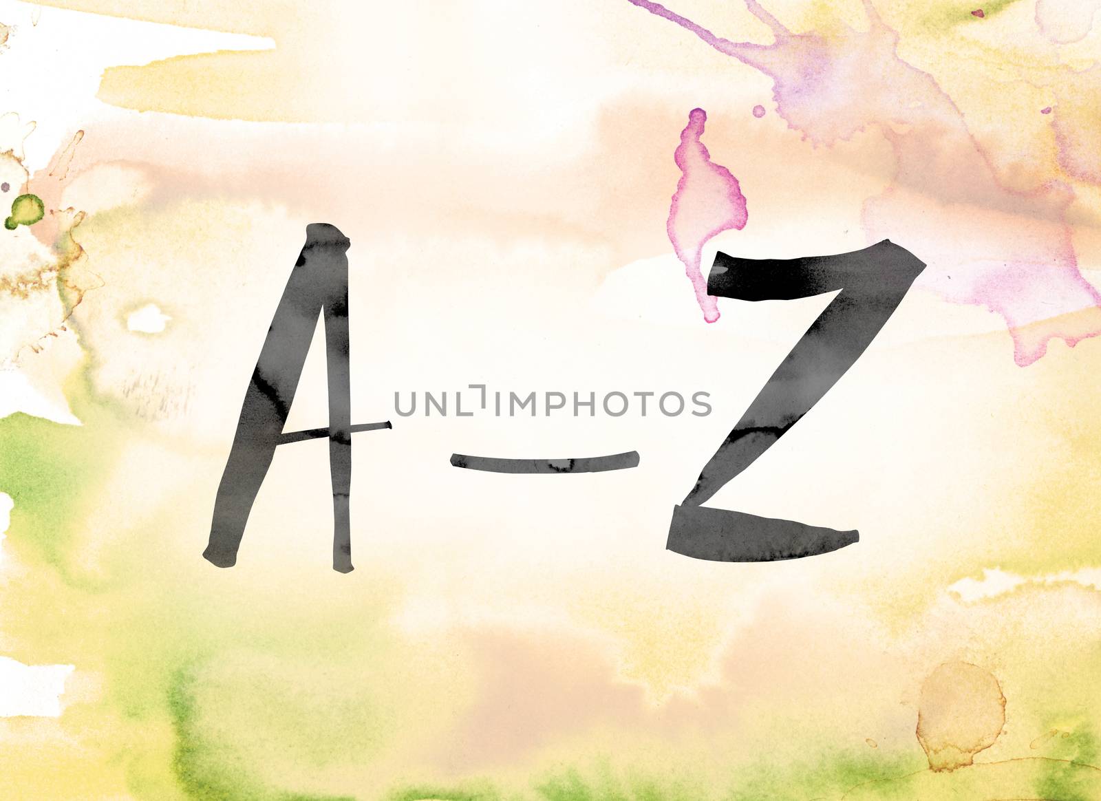 The word "A-Z" painted in black ink over a colorful watercolor washed background concept and theme.