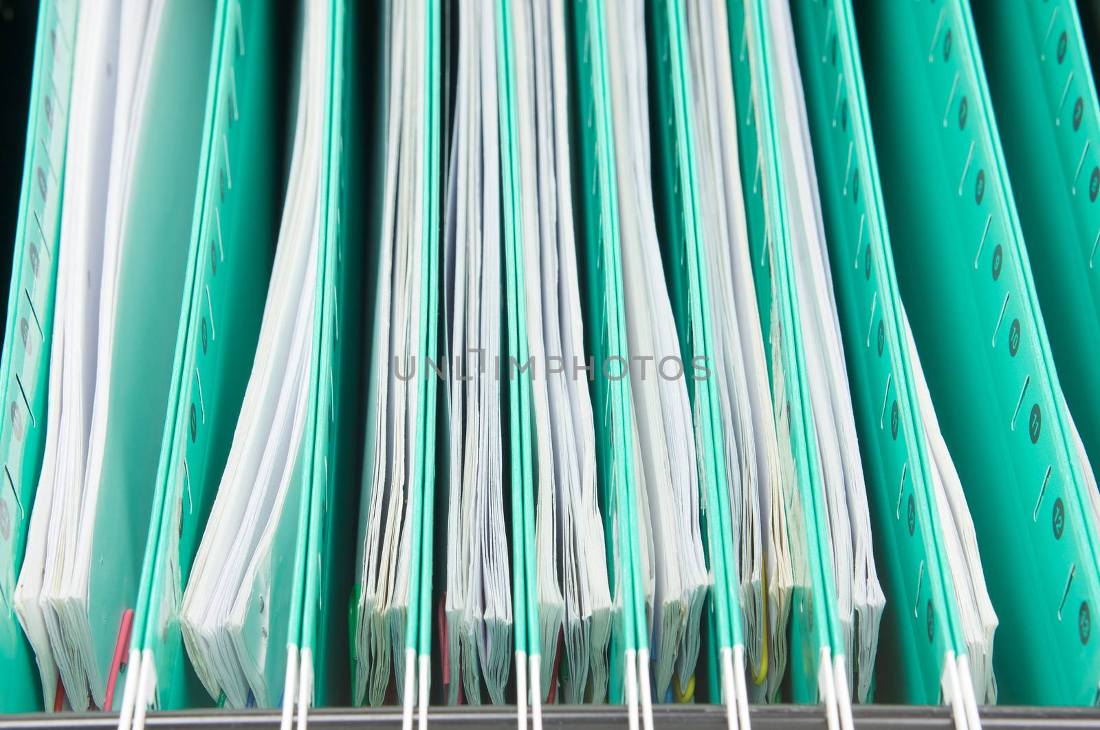 Green suspension folder with paperwork hang in cabinet by eaglesky