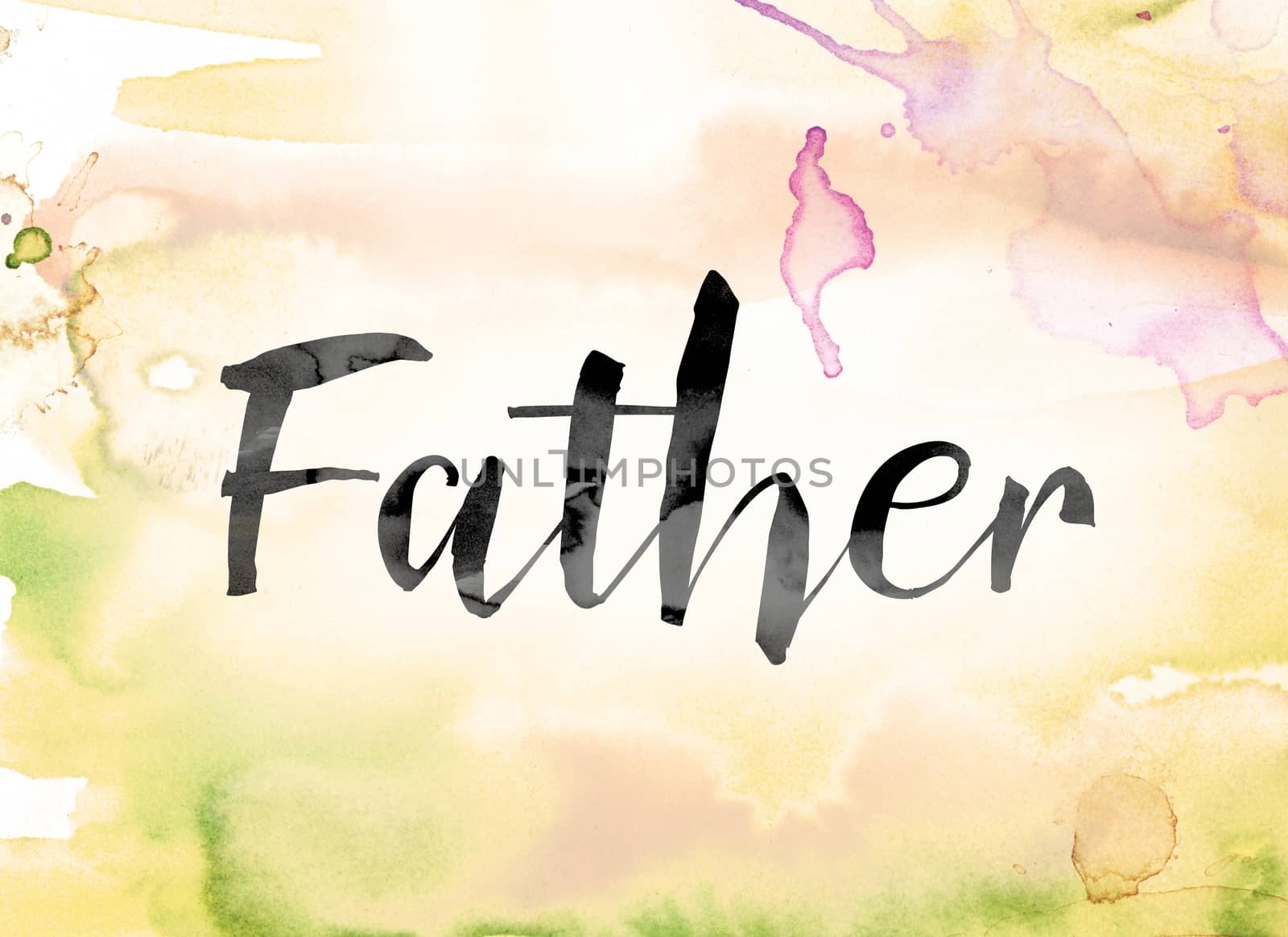The word "Father" painted in black ink over a colorful watercolor washed background concept and theme.