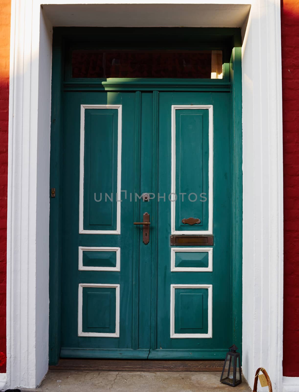 Traditional colorful craft vintage wooden green white front door Denmark