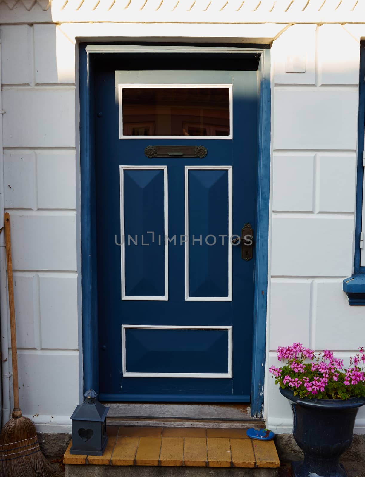 Traditional colorful craft vintage wooden blue white front door Denmark