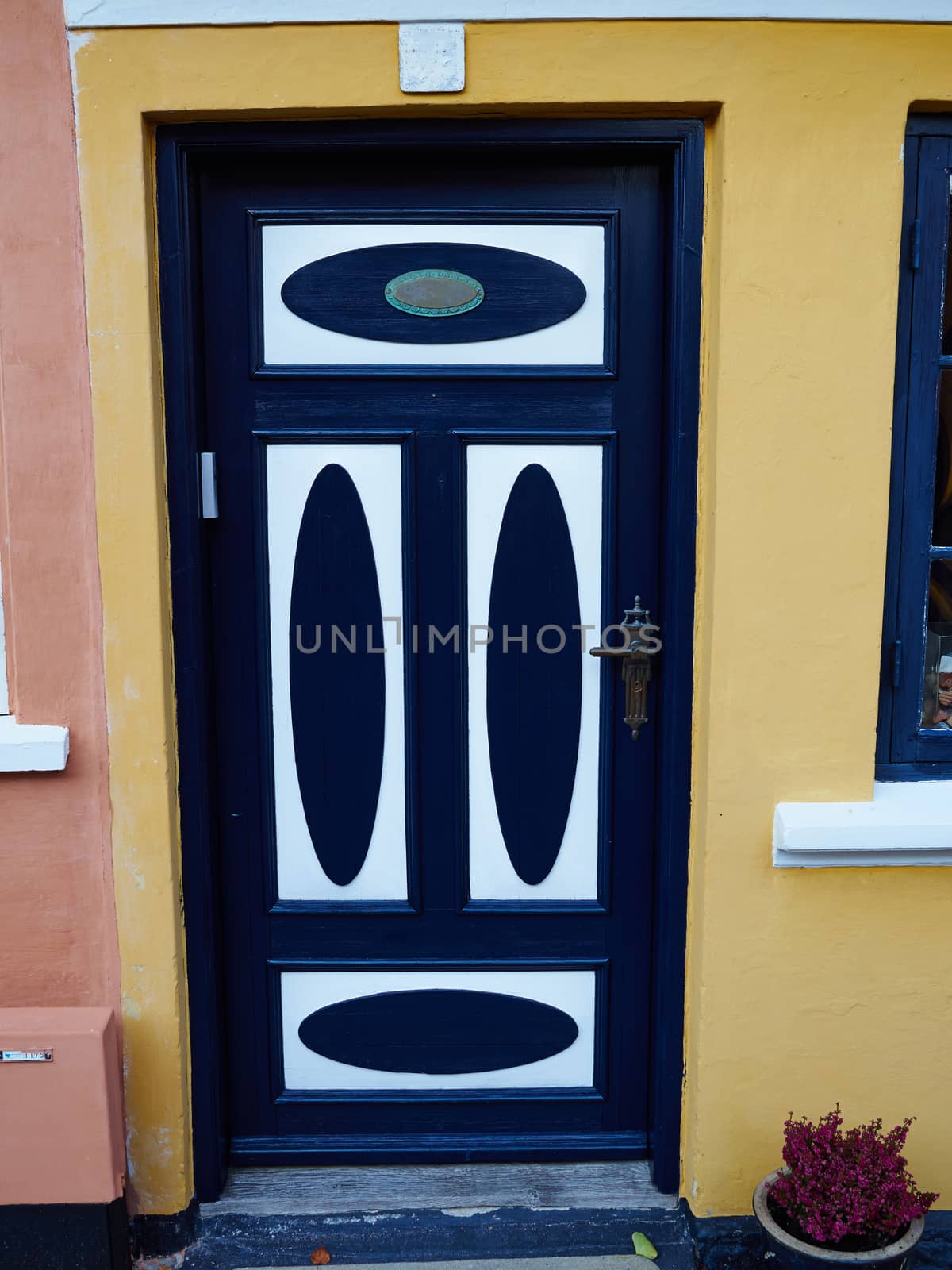 Traditional colorful craft vintage wooden blue white front door Denmark