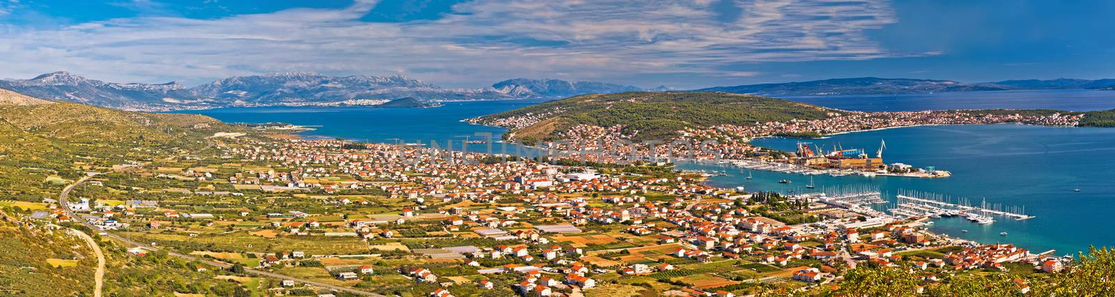 Panoramic view of Trogir from above with Kastela bay, island Ciovo, Biokovo mountain and city of Split, Dalmatia, Croatia