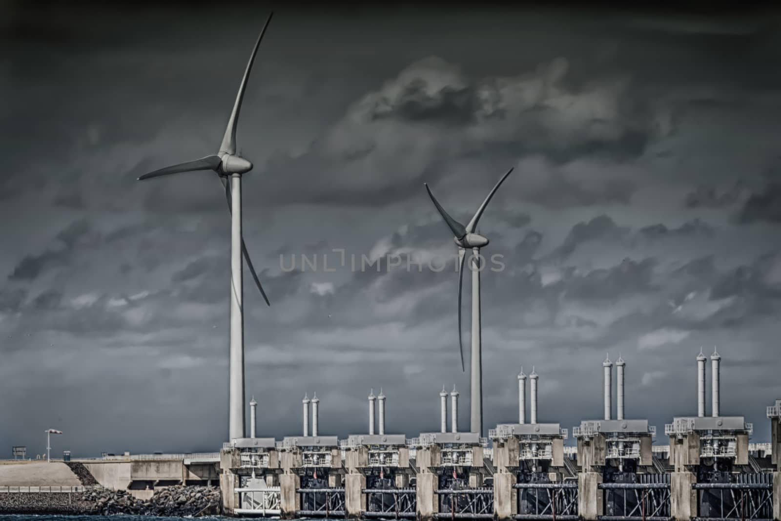 Wind turbine in the sea off the Dutch North Sea coast.