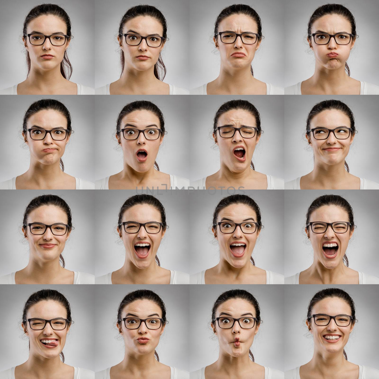 Multiple portraits of the same woman making diferent expressions